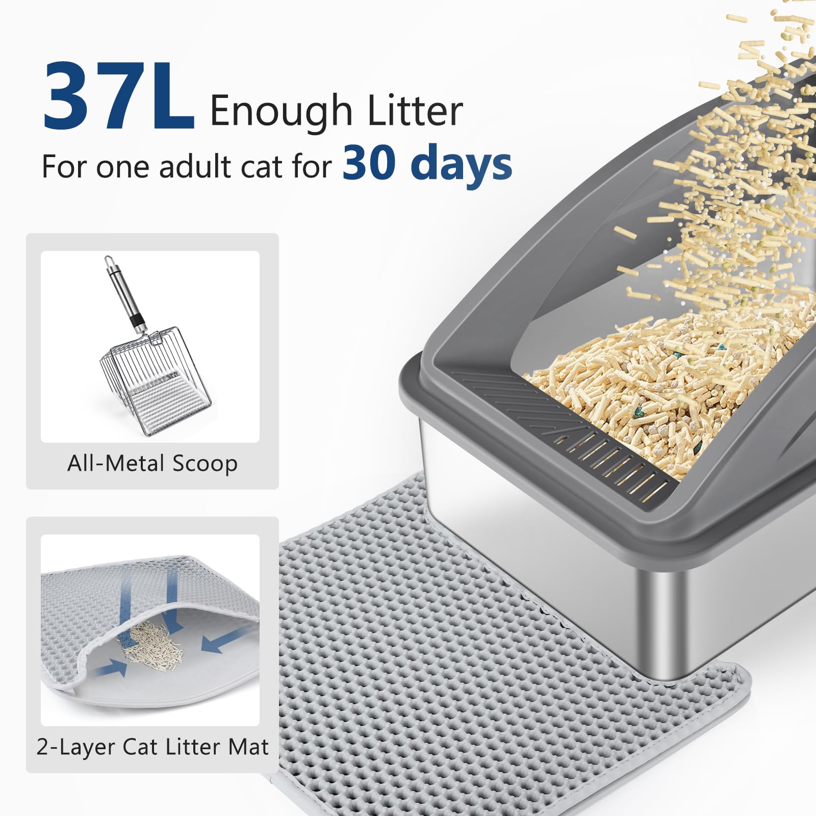 INVENHO Stainless Steel Litter Box - Extra Large, Gray, Anti-Urine Leakage, Includes Cat Mat & Scoop, Model INVENHO-1
