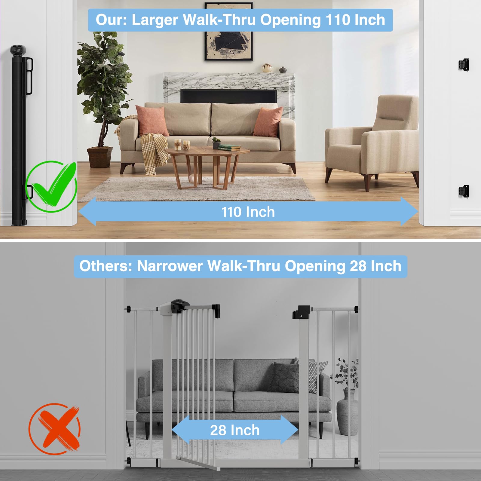 PRObebi Retractable Baby Gate - 34" Tall x 110" Wide, Aluminum, Black, Model SG021, Ideal for Stairs, Doorways, and Outdoor Use