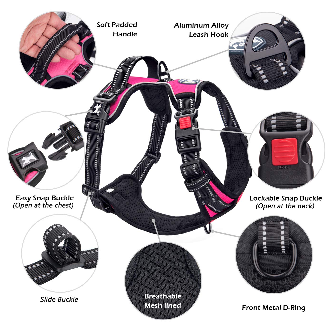 Poypet No Pull Dog Harness, No Choke Front Clip Dog Reflective Harness, Adjustable Soft Padded Pet Vest With Easy Control Handle For Small To Large Dogs(Pink,M)