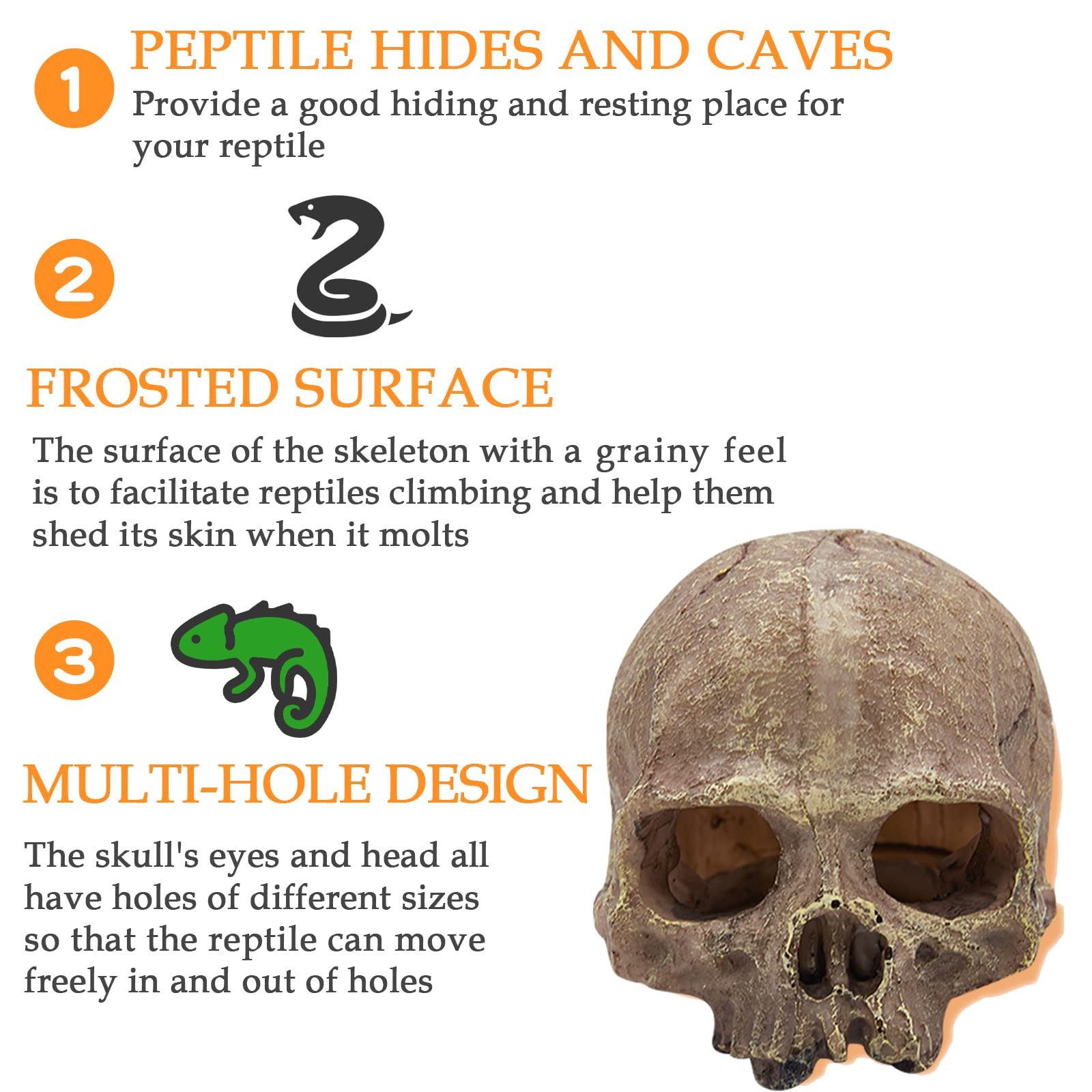Aufeeky Halloween Human Skull Reptile Hide, Grey Reptile Hides And Caves For Ball Python Leopard Gecko Snake Bearded Dragon Liza