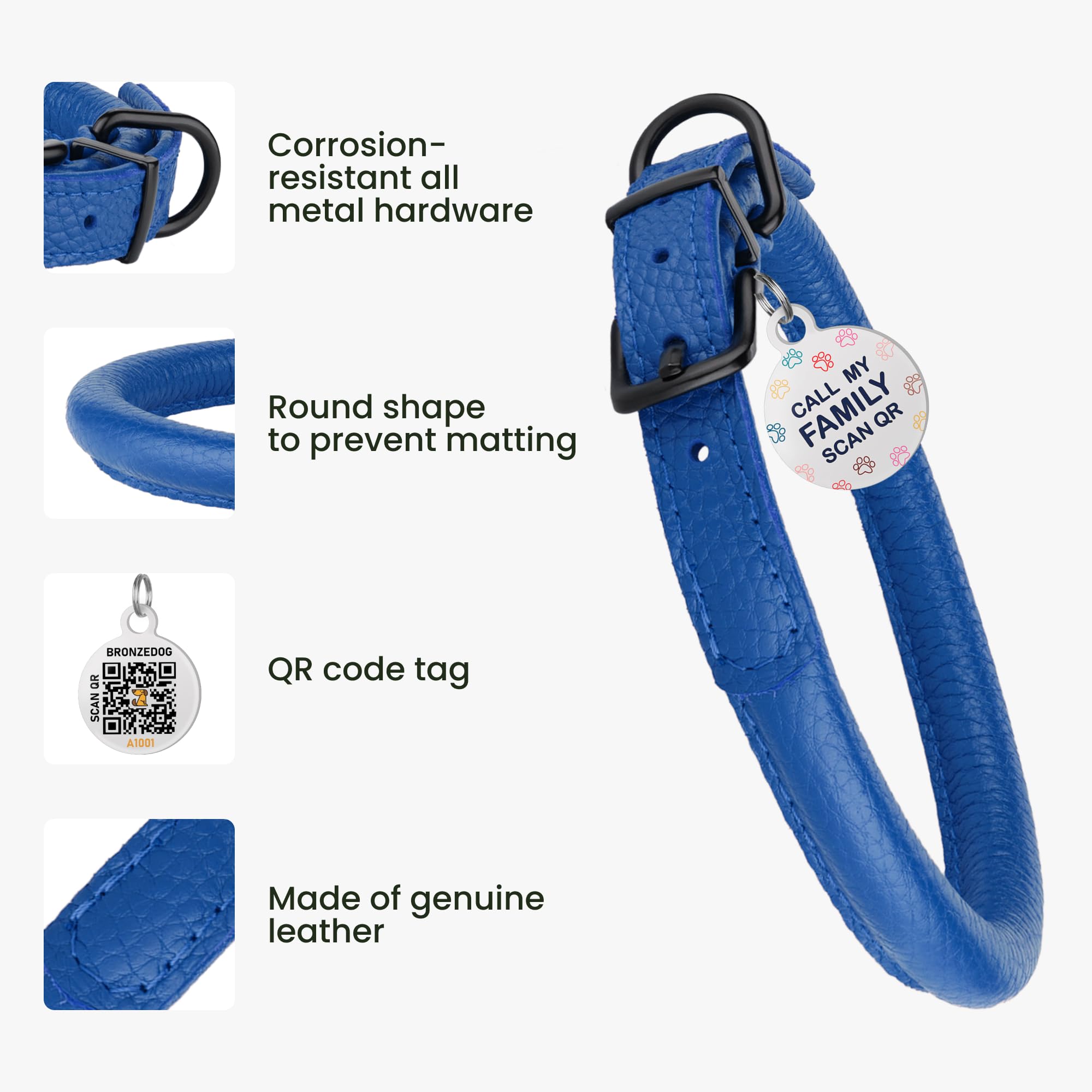 Rolled Leather Dog Collar Soft Round Collars, Id Tag For Small Medium Large Dogs (9-12 Inch, Royal Blue & Black Buckle)