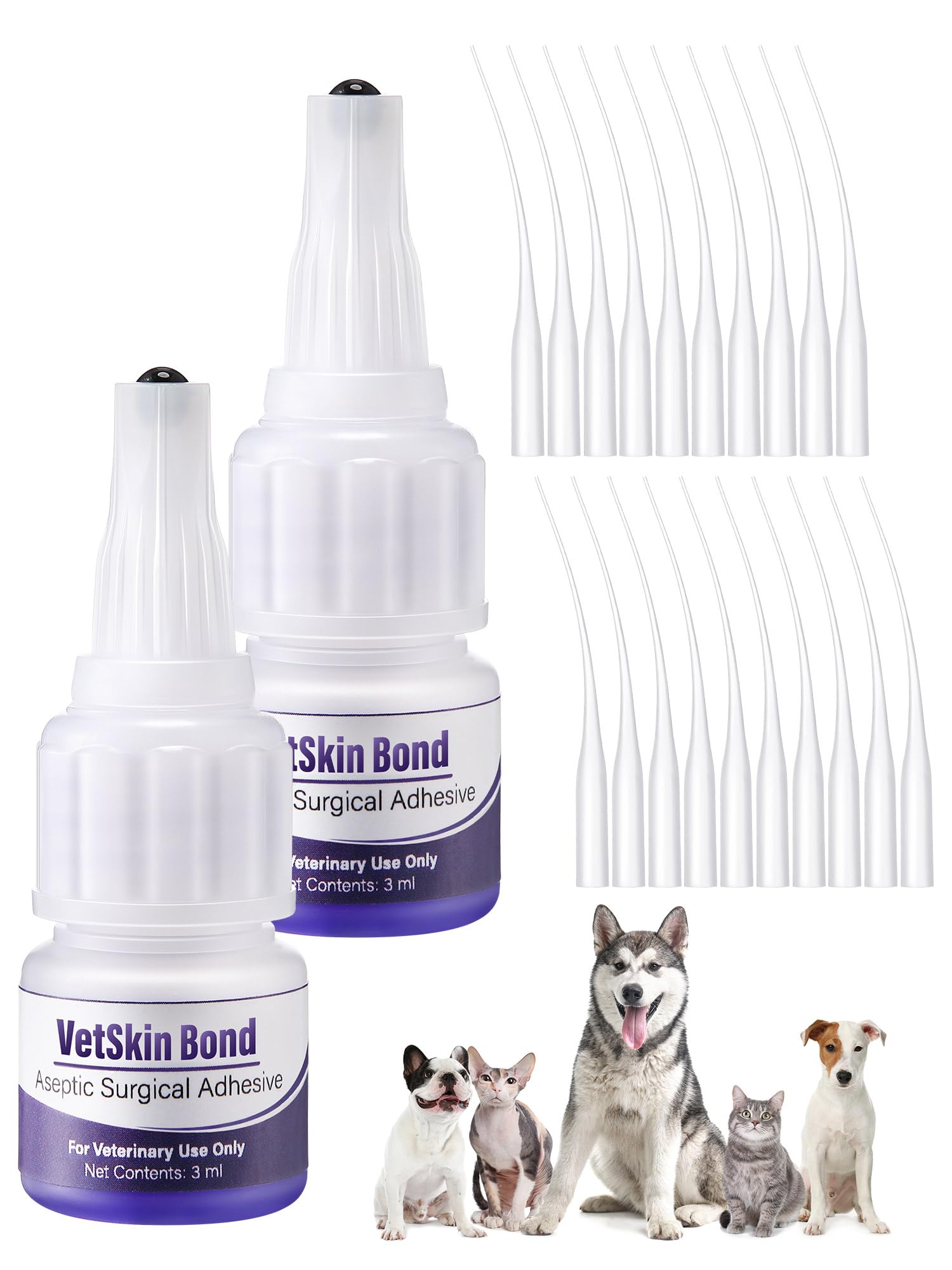 Ceoighe 2 Pack 3ml Veterinary Surgical Skin Glue with 10 Applicators, Strong Surgical Adhesive, Blue-Tinted Fast-Acting Tissue W