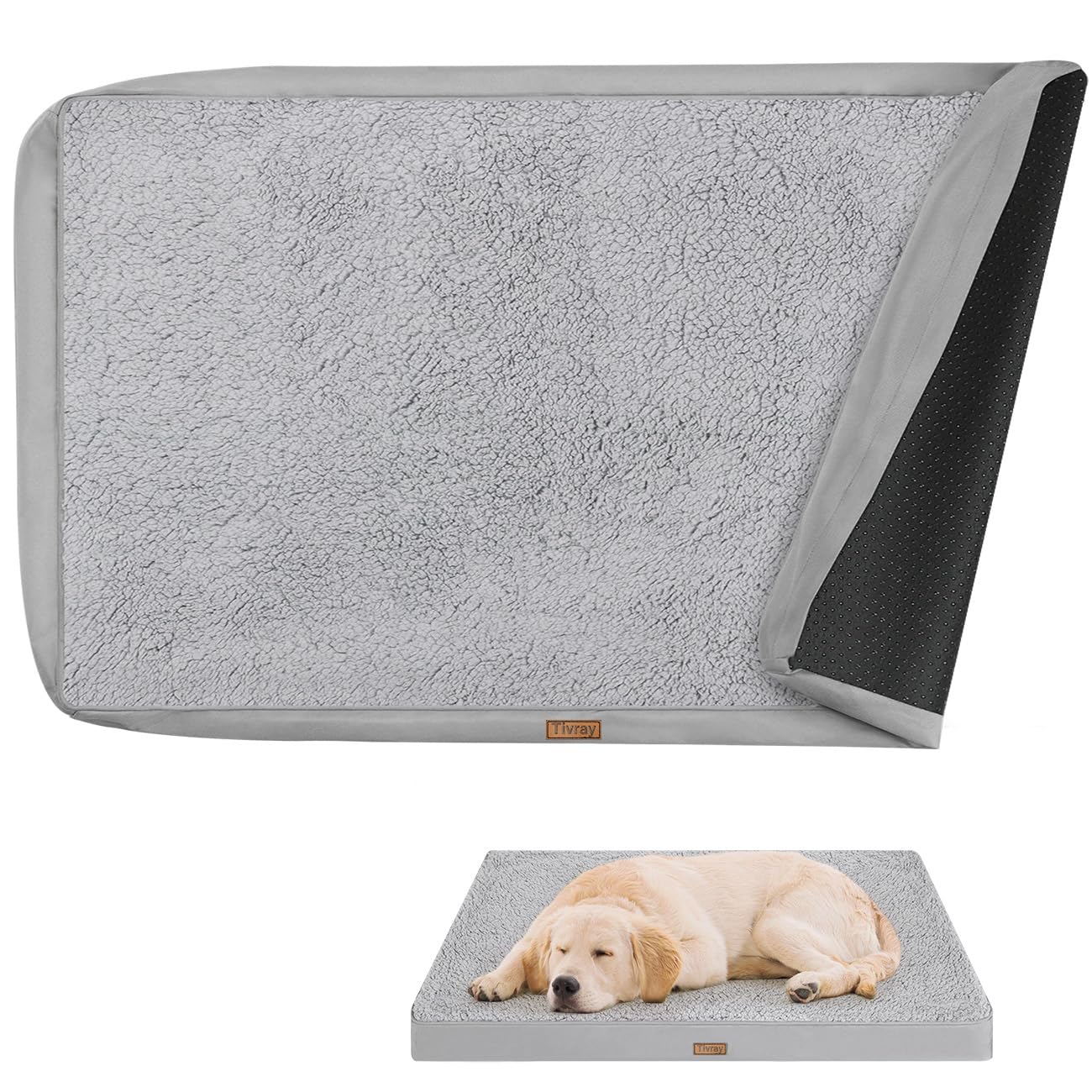 Tivray Dog Bed Cover, Washable Replacement Large Dog Bed Sheet with 3-Sided Continuous Zipper, Waterproof Liner, Soft Plush, Pet