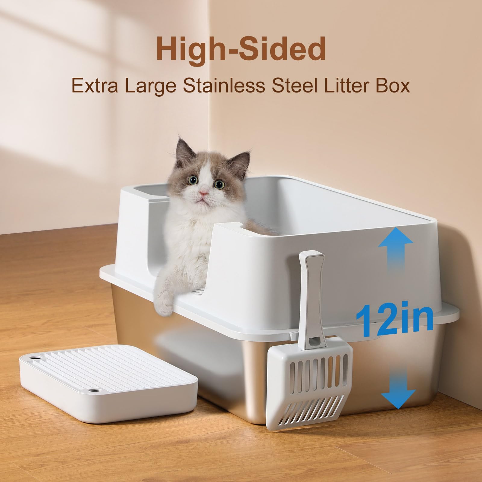 Stainless Steel Litter Box With Step Extra Large Cat Litter Box For Big Cats High Sides Enclosure Xl Non-Sticky Easy Cleaning An