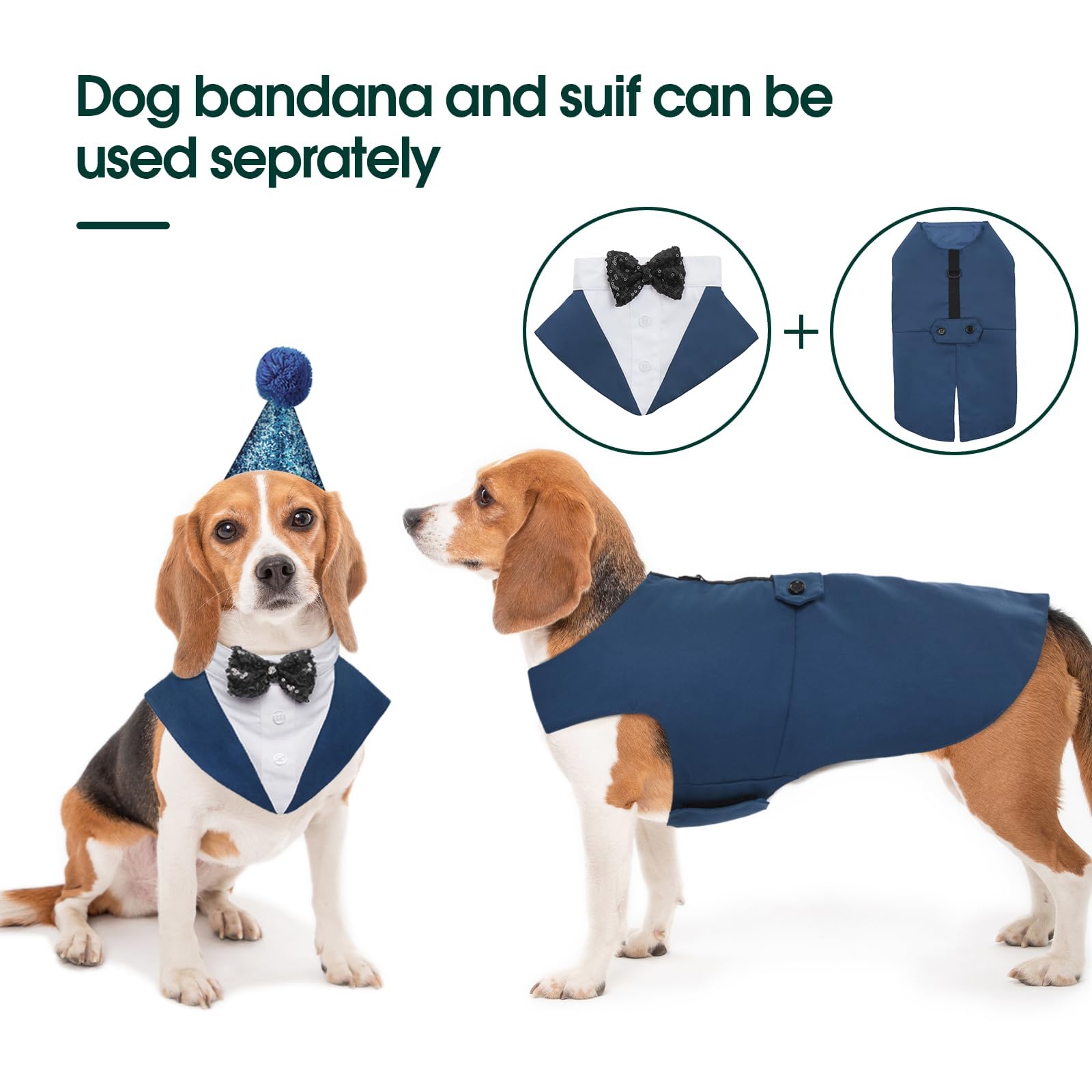 Kuoser Dog Tuxedo Dog Suit And Bandana Set, Dogs Tuxedo Wedding Party Suit, Doggy Prince Bow Tie Shirt Formal Pet Wedding Attire