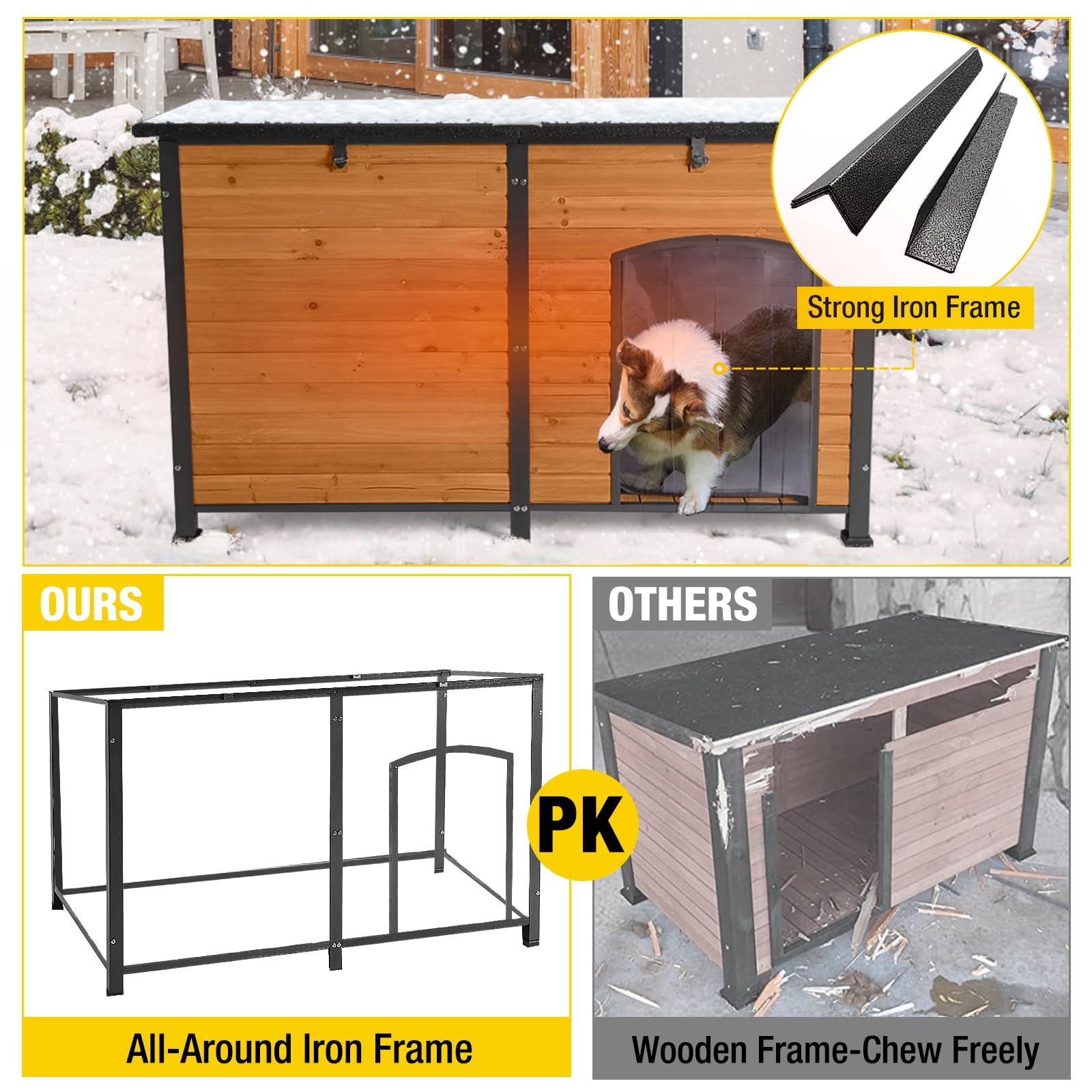 Aivituvin Dog House Outdoor 59' Extra Large Insulated Dog Kennel With Movable Insulation Liner,All-Around Iron Frame