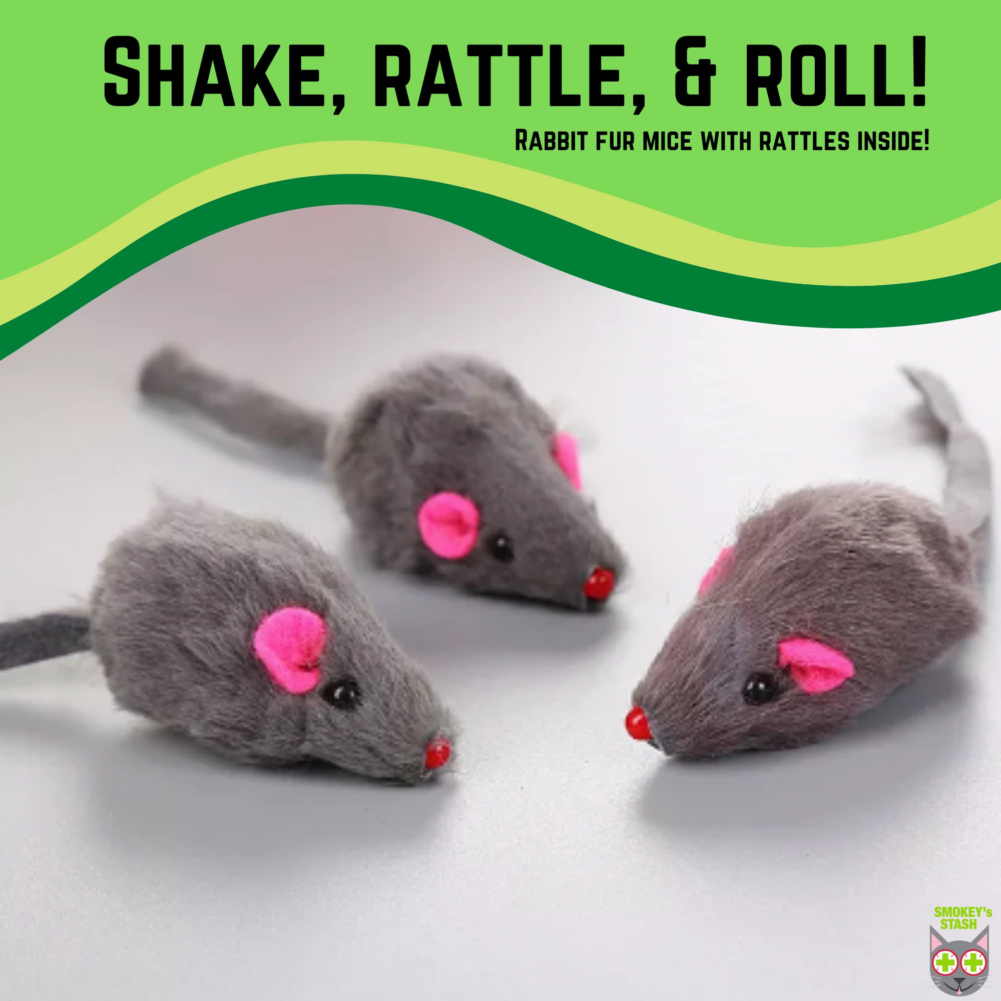 Smokey'S Stash Rabbit Fur Mouse Cat Toy 12 Per Pack White And Gray Fuzzy Toys For Cats With Rattle Realistic Fake Mice (12)