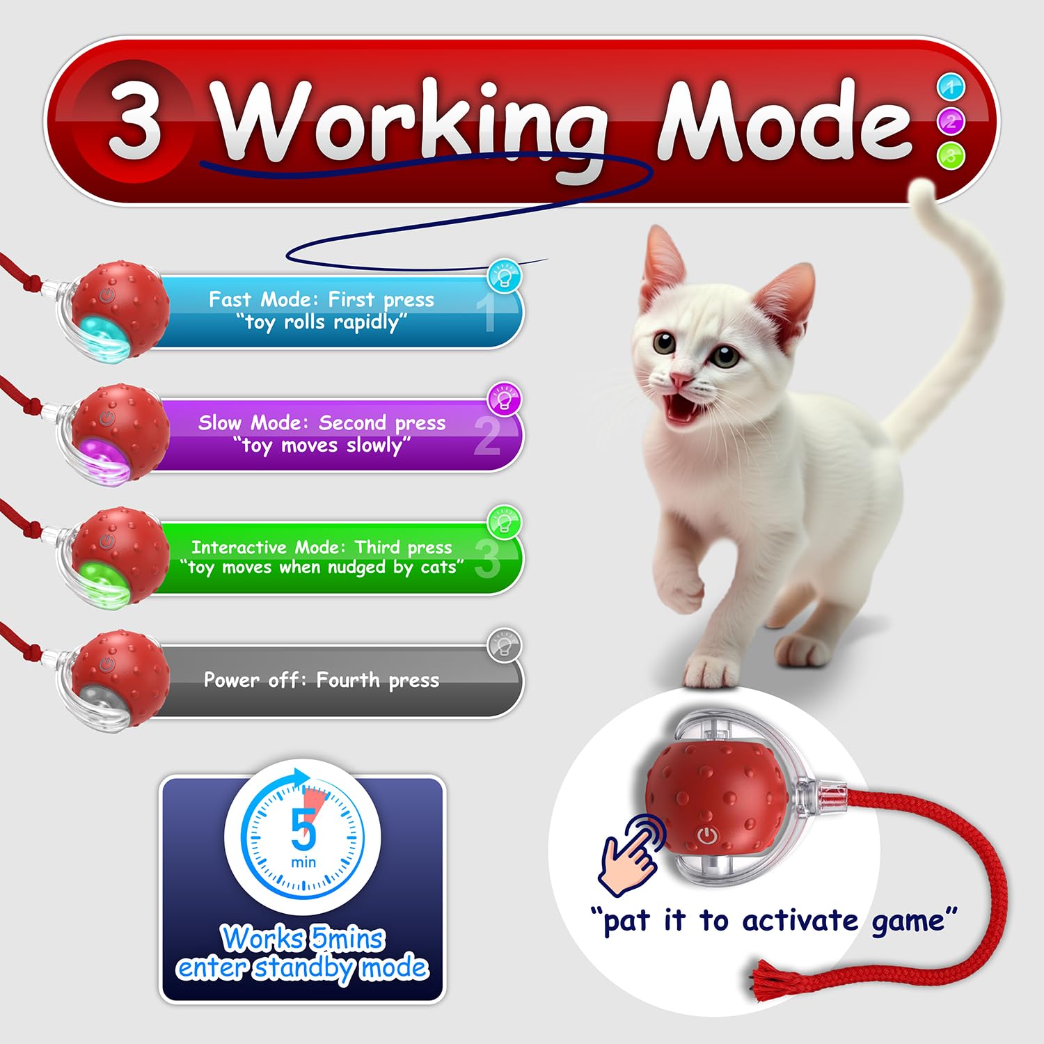 Interactive Cat Toys For Indoor Cats, 360 Smart Automatic Rolling Pet Ball, Rollie Pet Cat Toy, Electric Rolling Ball Dog Toy, M