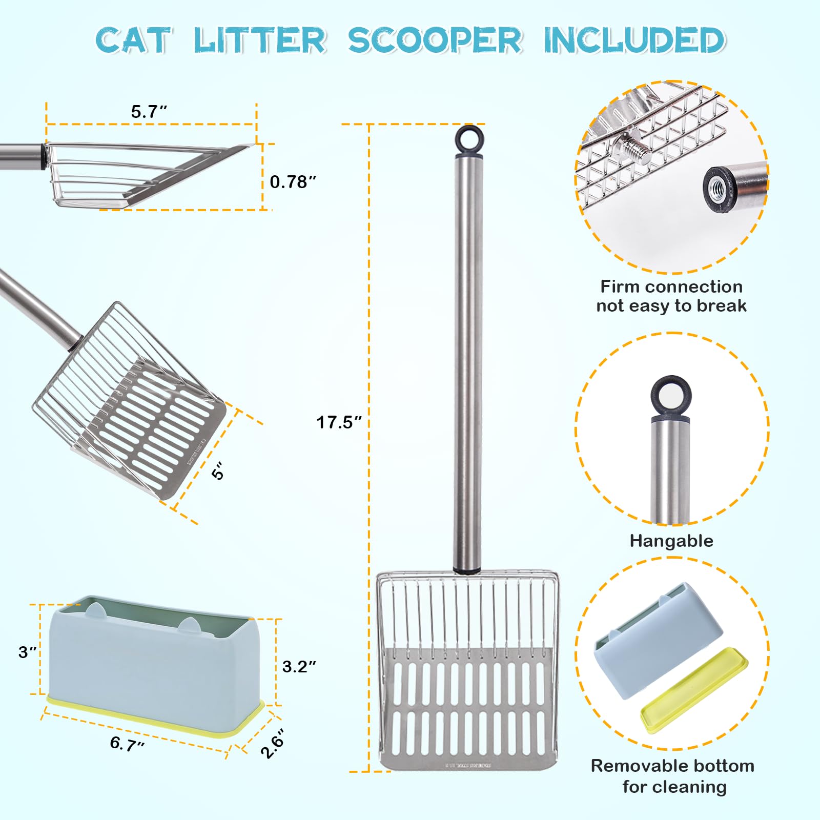 PETOCAT Metal Cat Litter Scoop with Holder Stainless Steel Kitten Poop Scooper, 17.5 Heavy Duty Pet Poop Sifter for Cat Box, Lon