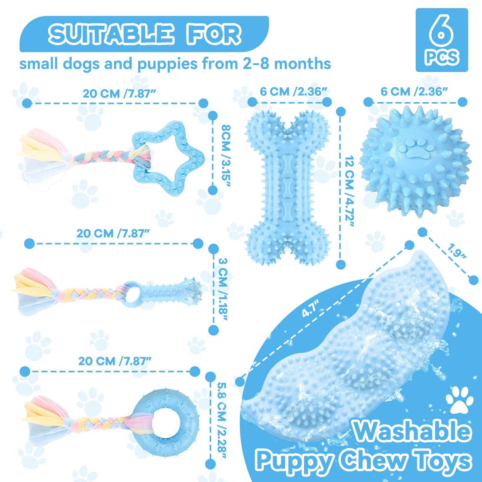 Petcare 6 Pack Puppy Chew Toys For Teething Cute Blue Puppy Toys Small Dog Toys Soft Rubber Rope Dog Toys Funny Bone Ball Cleaning Teeth Dog Chew Toys Puppy Teething Toys For Puppies Yorkie