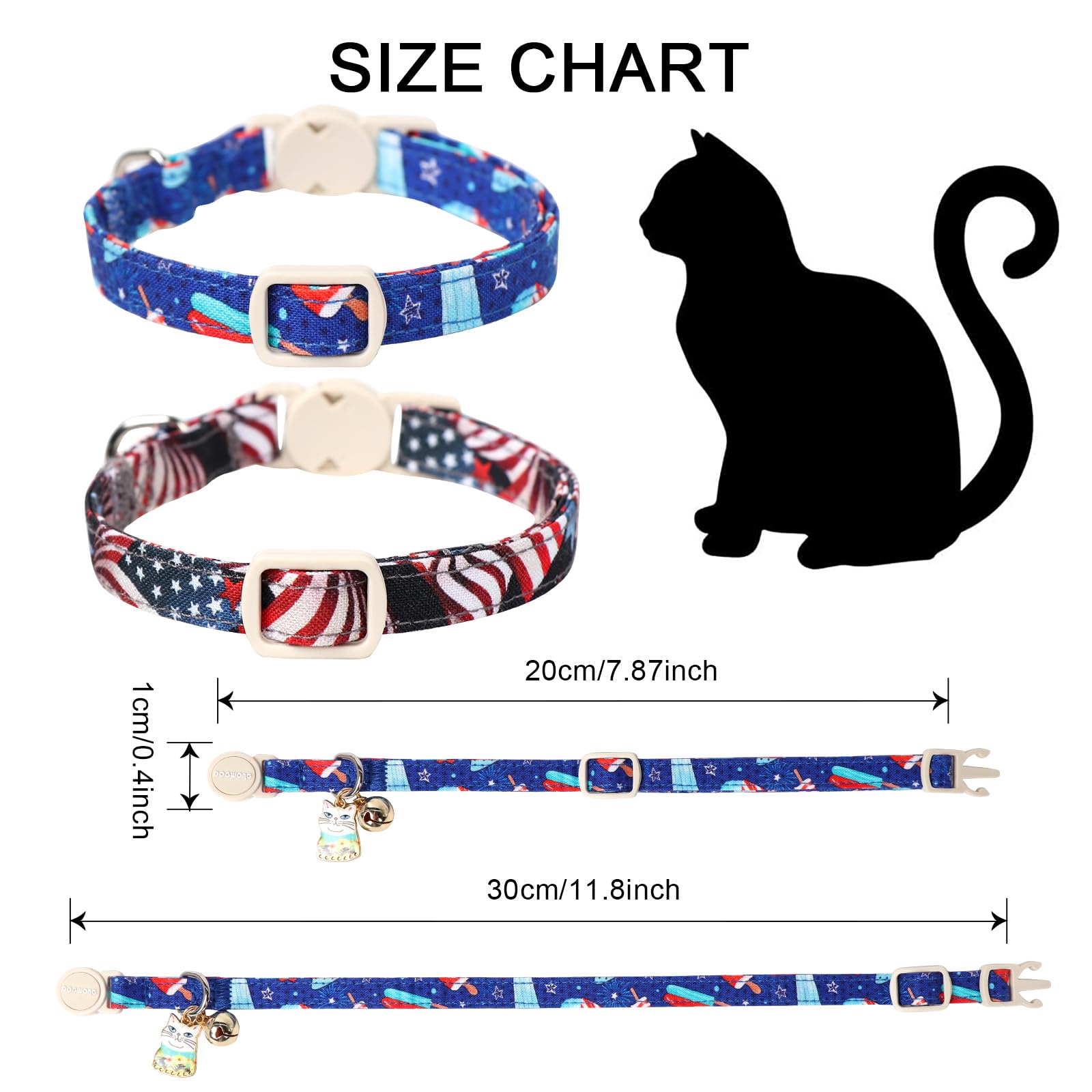 Cat Collar,2 Pack 4Th Og July Cat Collars Breakaway With Bell, Dogwong Safety Buckle Cat Collar For Girl Boy Cats And Small Dogs