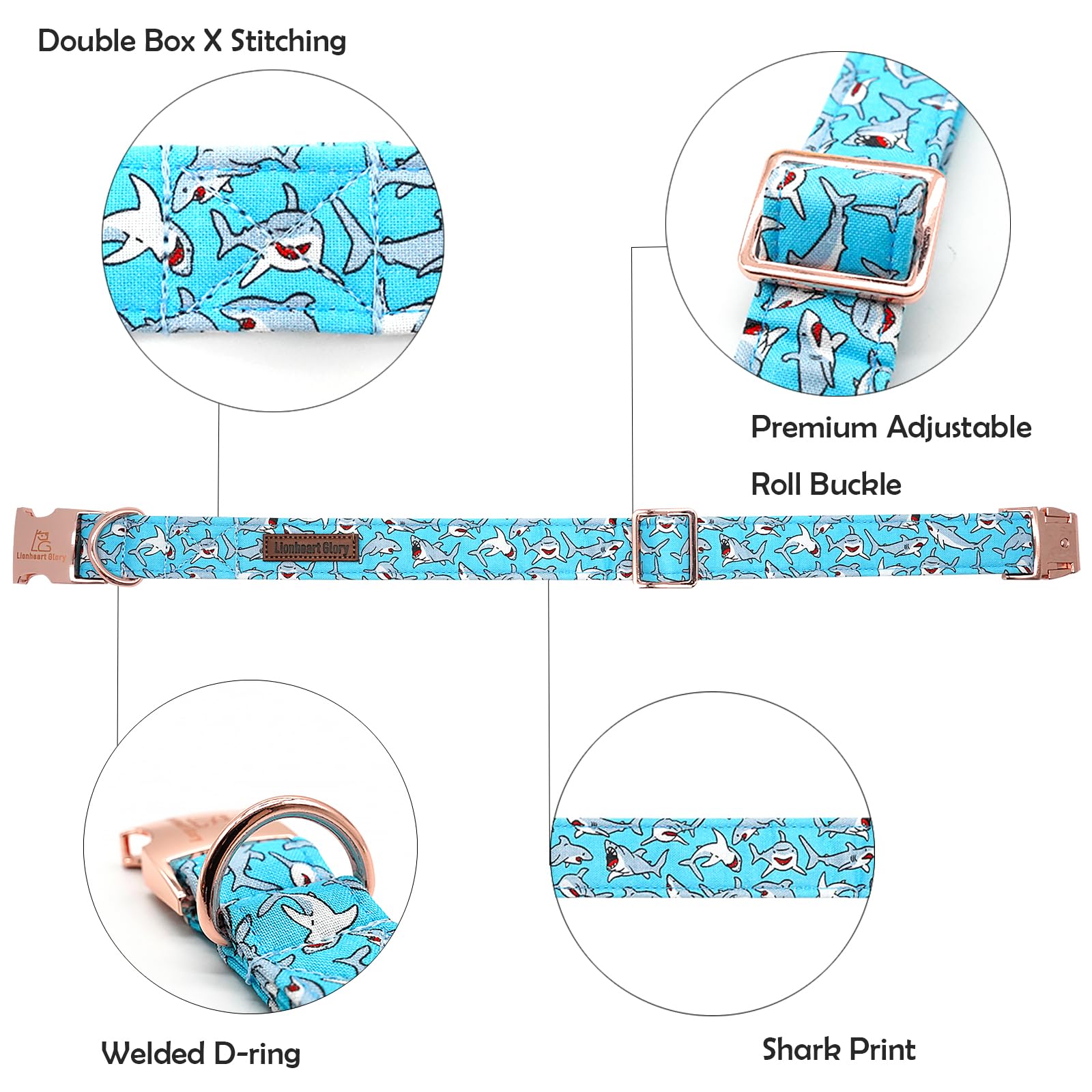 Lionheart Glory Blue Dog Collar Shark Print Dog Collar For Large Dogs Soft Durable Adjustable Dog Collars Boy Pet Gift