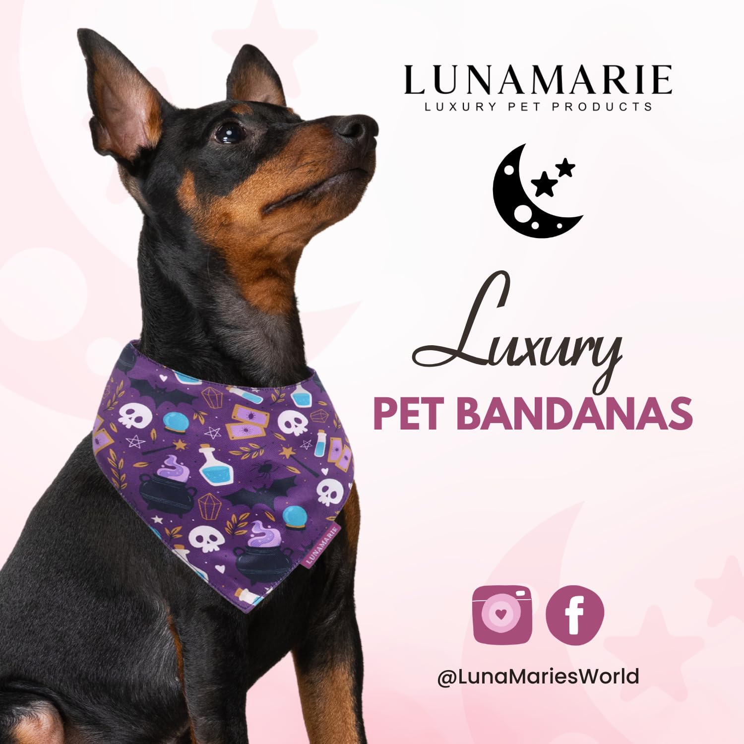 Lunamarie - Luxury Pet Birthday Bandanas -Premium & Silky Poly Fabric | 100% Handmade | Custom Shape Dual Layered (Bewitched, La