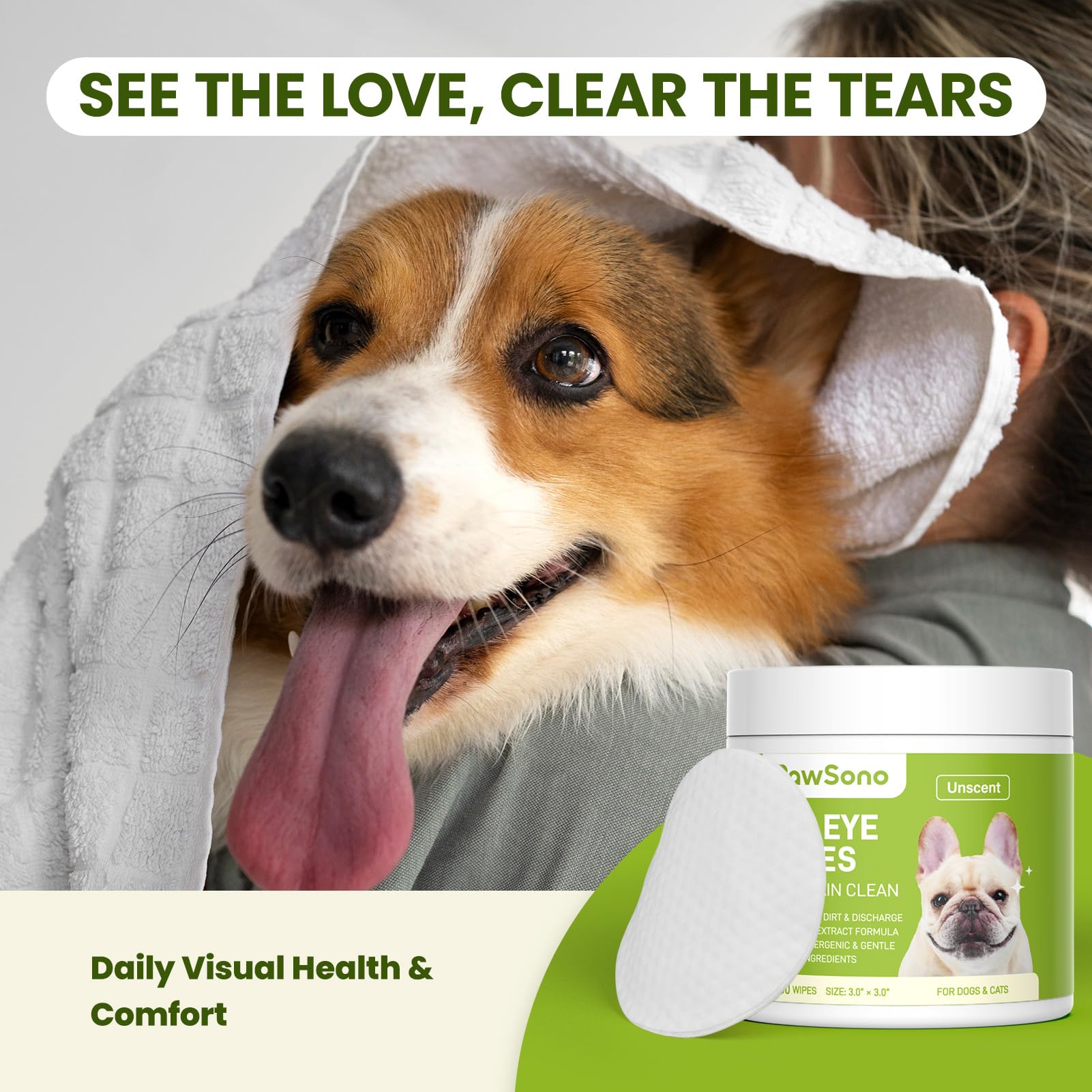 PawSono Eye Wipes for Dogs & Cats, Hypoallergenic Dog Eye Wipes Cleaner, Soothing Cleaning Grooming Pet Wipes Gently Remove Tear