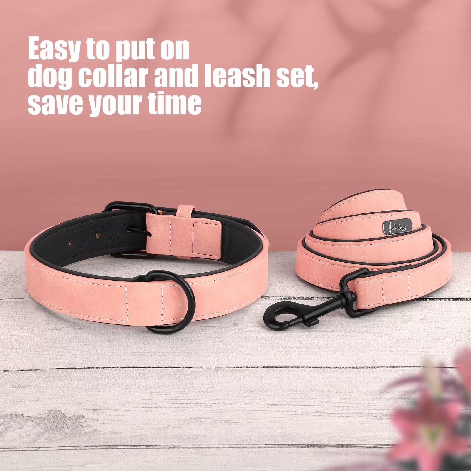 Didog Soft Padded Leather Dog Collar And Leash Set, Heavy Duty Pink Dog Leash And Collar Set With Metal Buckle, Breathable Dog C