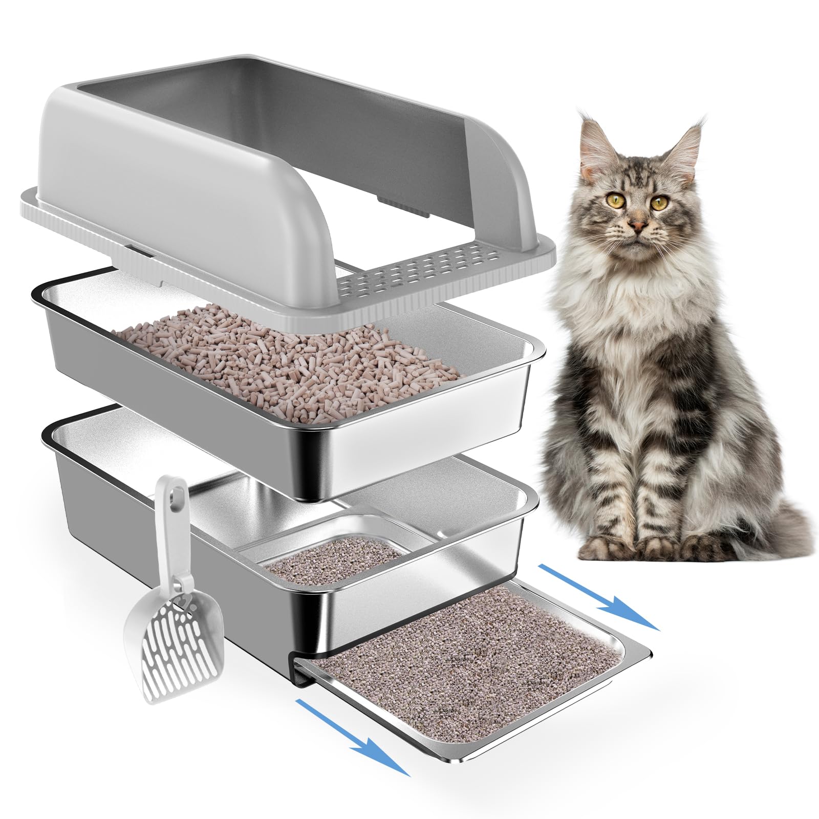 23.6x15.7x6 Enclosed Stainless Steel Litter Box with Lid, XL Sifting Litter Box for Pine Pellets with Removable Drawer Pan for E
