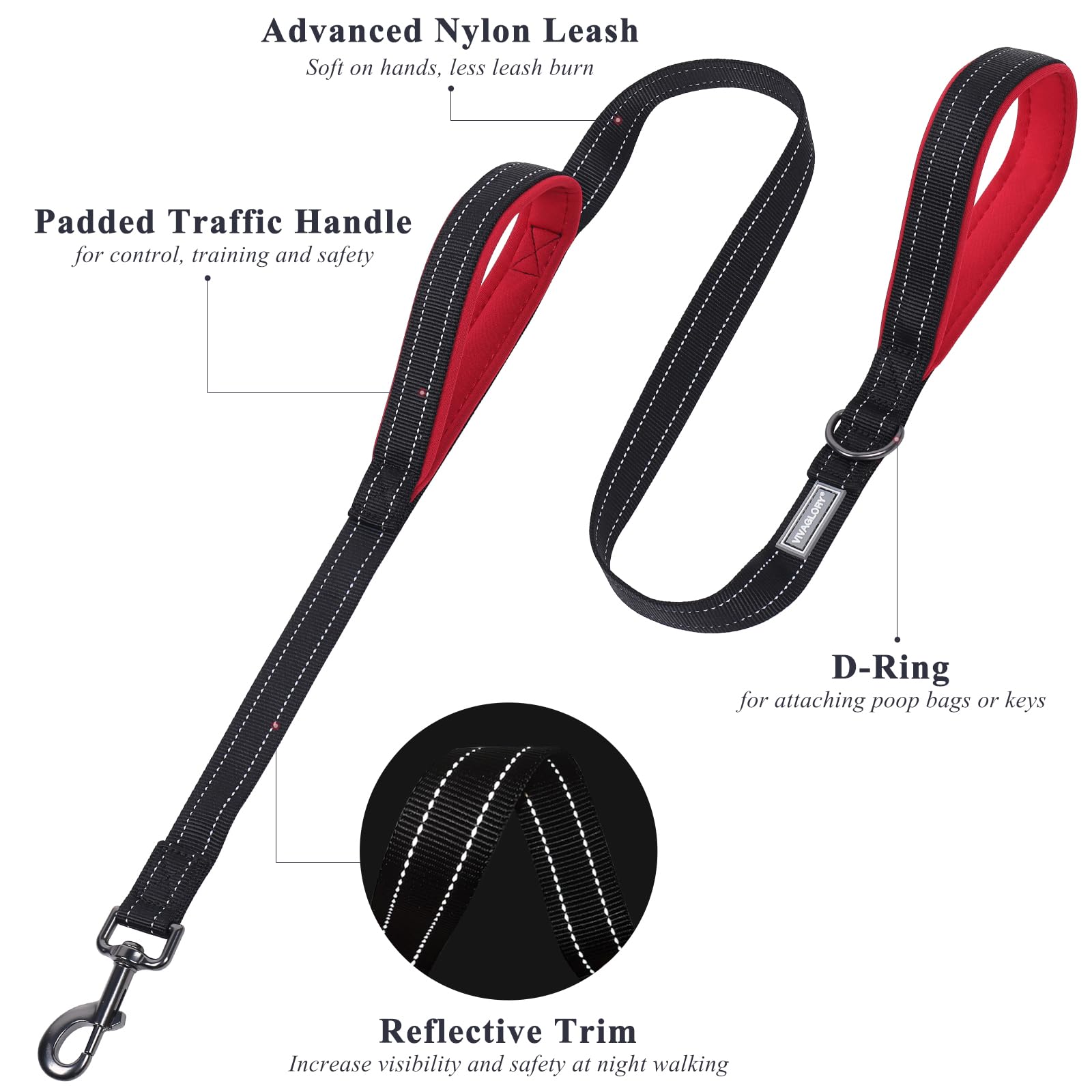Vivaglory Padded Handle Dog Leash, Heavy Duty 4Ft Long Double Handle Leash Reflective Safety Training Leash Walking Lead For Med