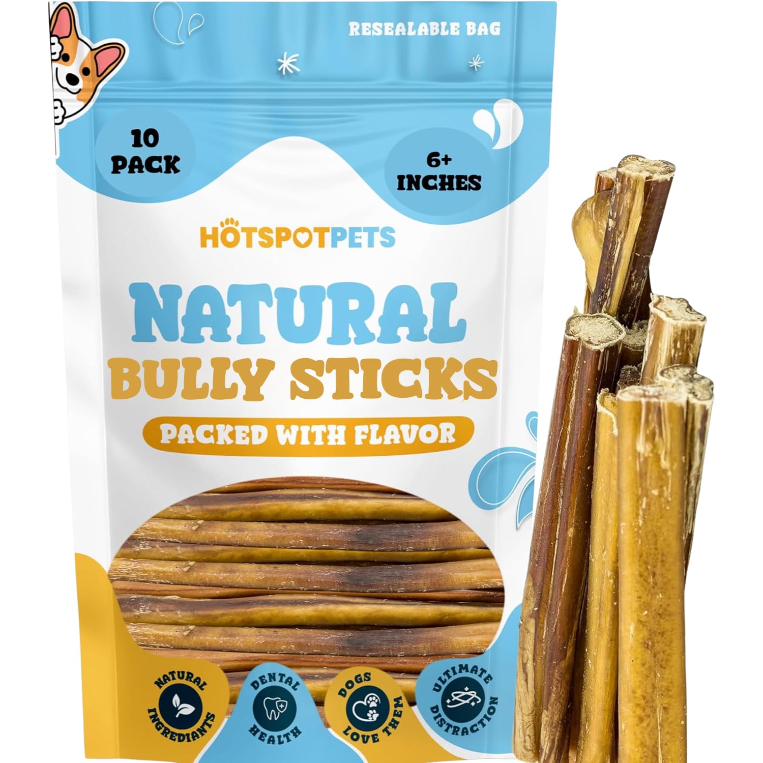 hotspot pets Bully Sticks 6 Inch- 10 Pack- Premium Natural Long Lasting Bully Sticks for Medium Dogs Beef Pizzle Treats - Low Od