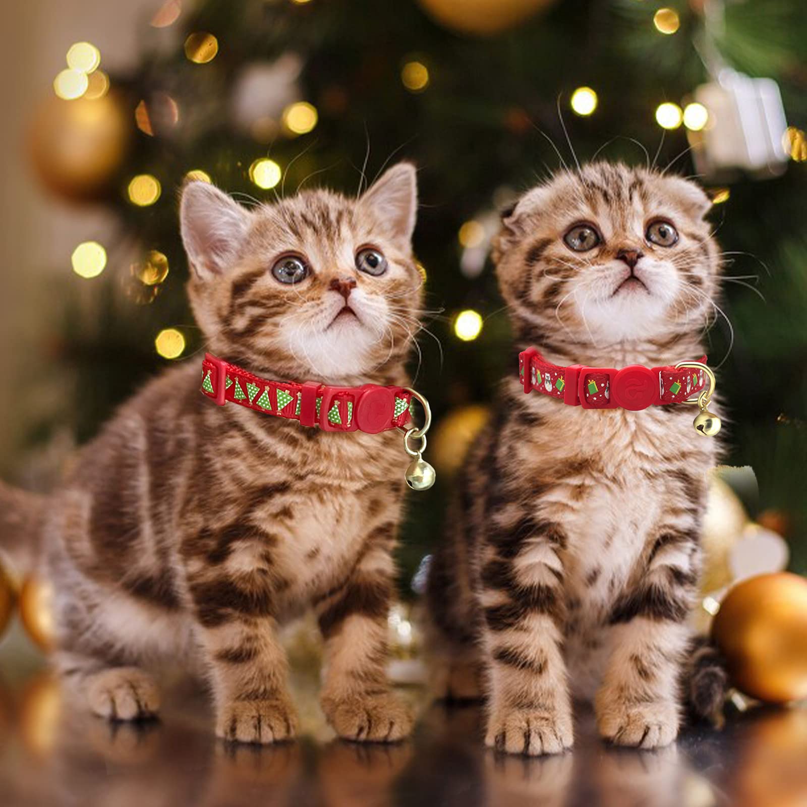 azuza 4 Pack Christmas Kitten Collar Set Adjustable Breakaway Kitten Collars with Bells New Year Pet Collar with Cute Design, Gr