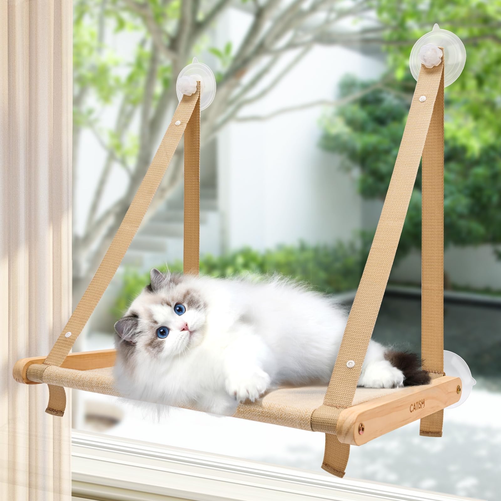 CATISM Cat Window Perch - Hammock - Window - Seat - Home - Cat Bed for Small to Medium Indoor Cats, Wooden Solid Structure, 4 Su