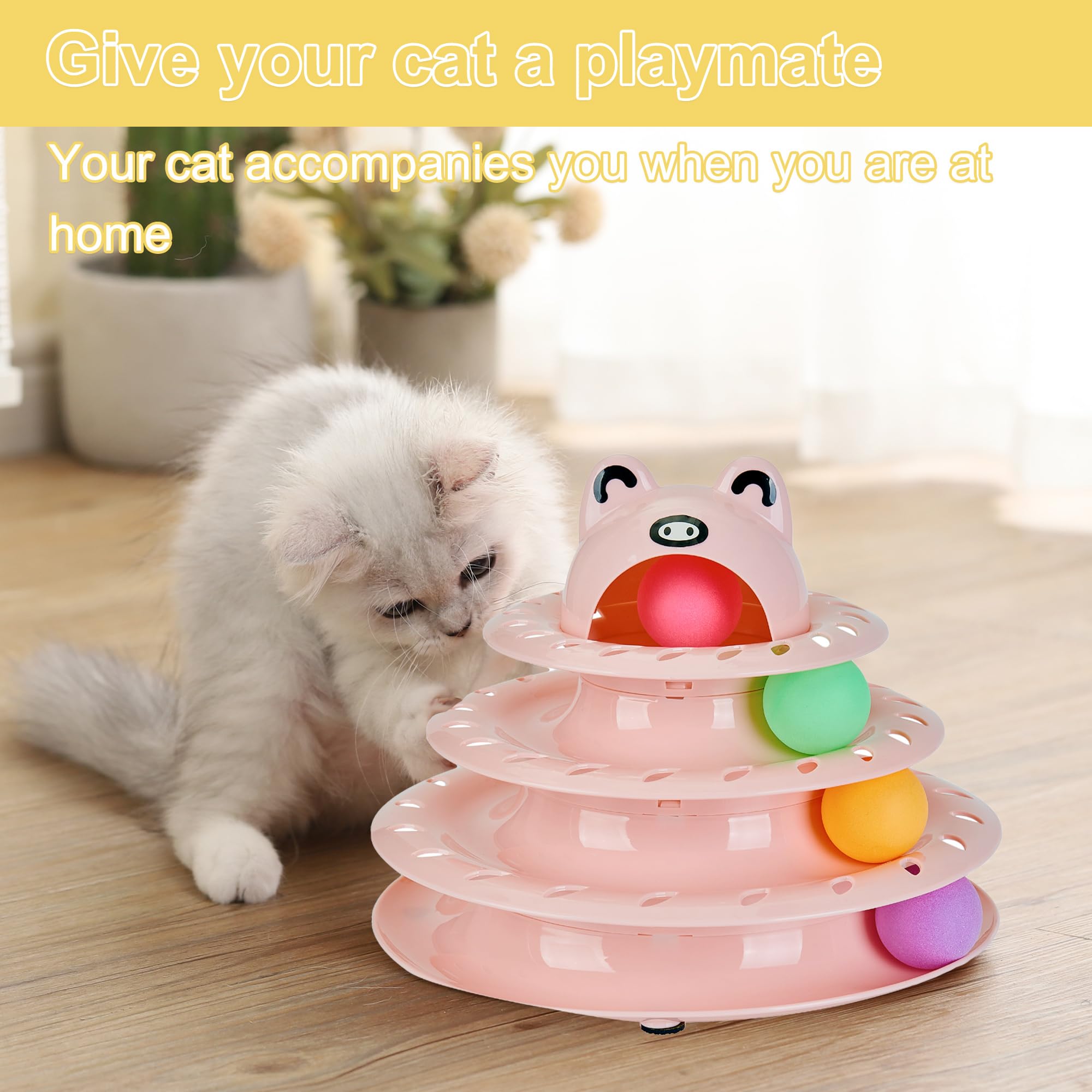 Gefryco Cat Toys 4-Tier Roller Track, Turntable Cat Tower Toy with Colorful Chase Balls, Multi-Level Interactive Cat Toys for Bo