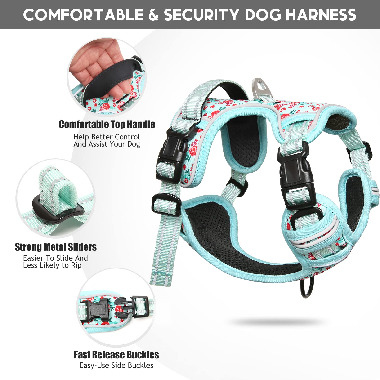 Timos Dog Harness, No-Pull Pet Harness With 2 Leash Clips, 3 Snap Buckles Adjustable Soft Padded Dog Vest, Reflective No-Choke Pet Oxford Vest With Easy Control Handle For Small Medium Large Dogs