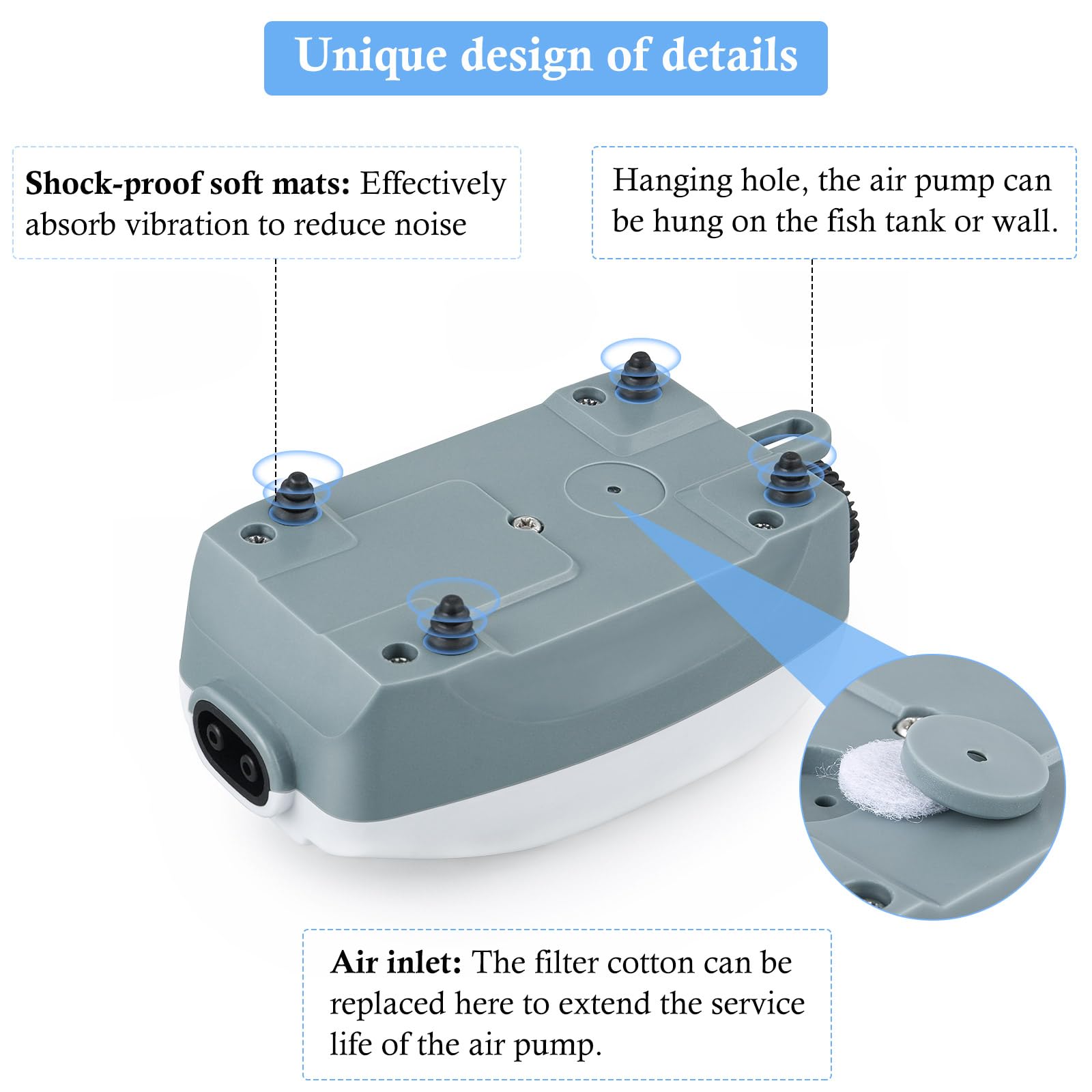 Hitop Dual Outlet Aquarium Electric Air Pump, Whisper Adjustable Fish Tank Aerator, Quiet Oxygen Pump With Accessories For 20 To 100 Gallon (2 Outlets)