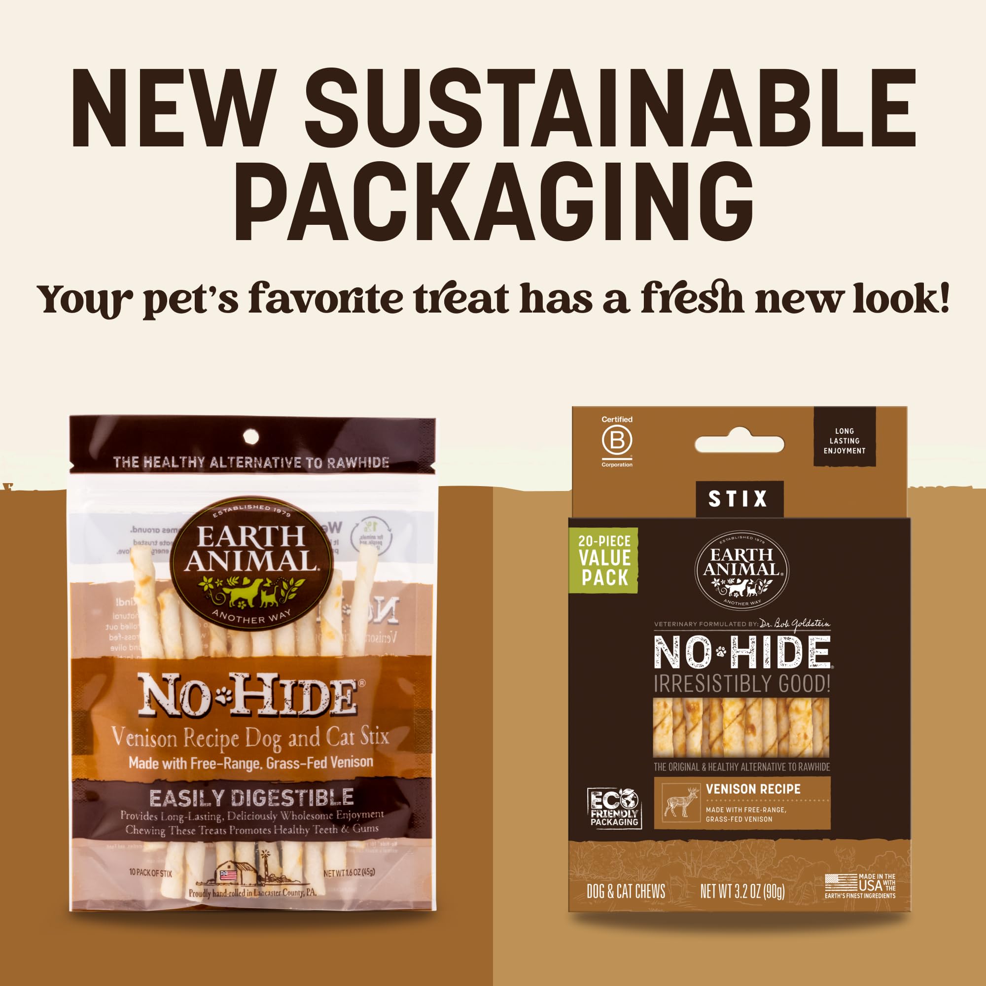 Earth Animal No Hide Stix - Long Lasting Rawhide Free Small Dog Chews Sticks, Venison - 20 Count Value Pack