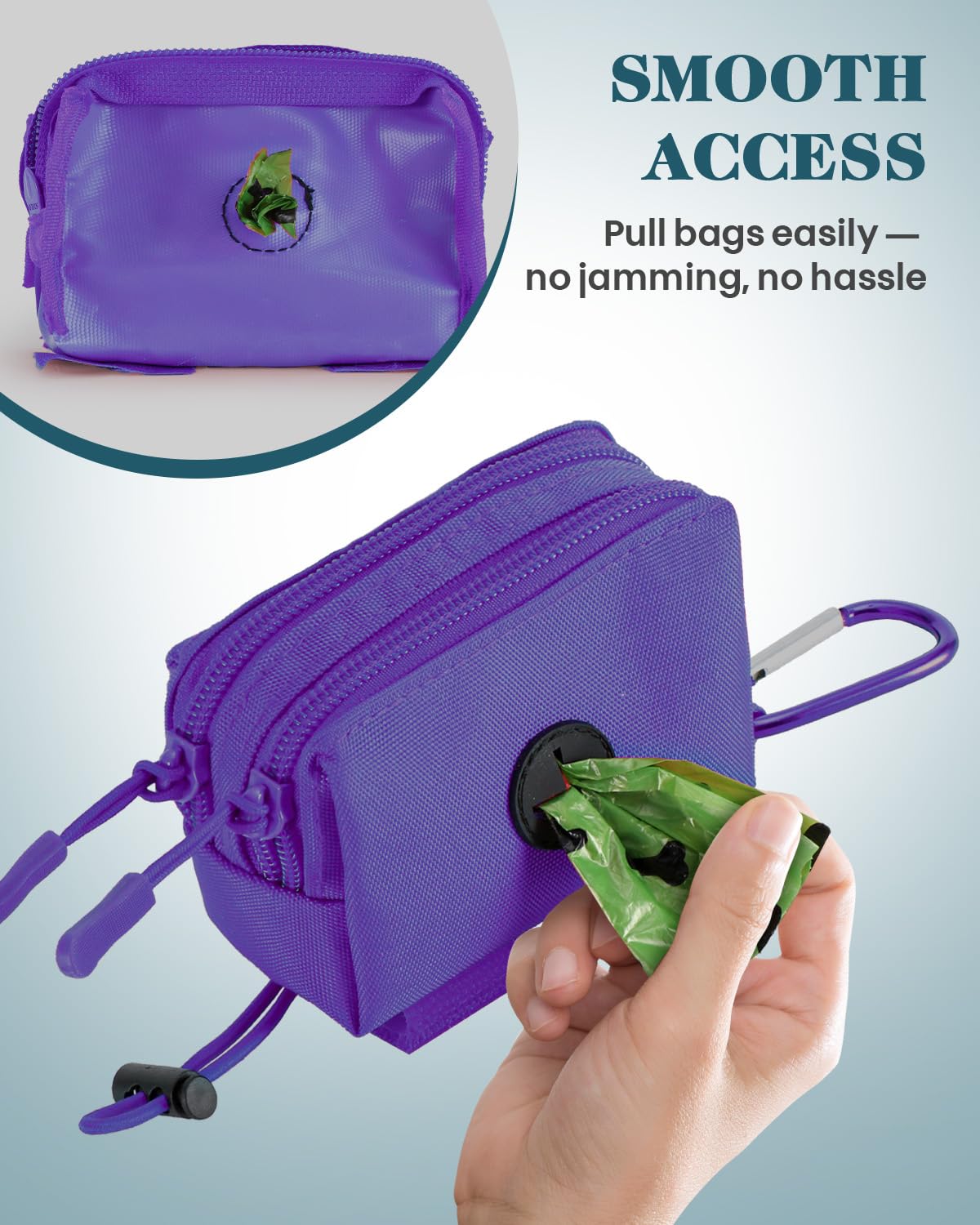 Dog Poop Bag Holder for Leashes, Purple Doggie Waste Bag Dispenser and Treat Holder, with Carabiner Hook and Poop Bag Clip, Used