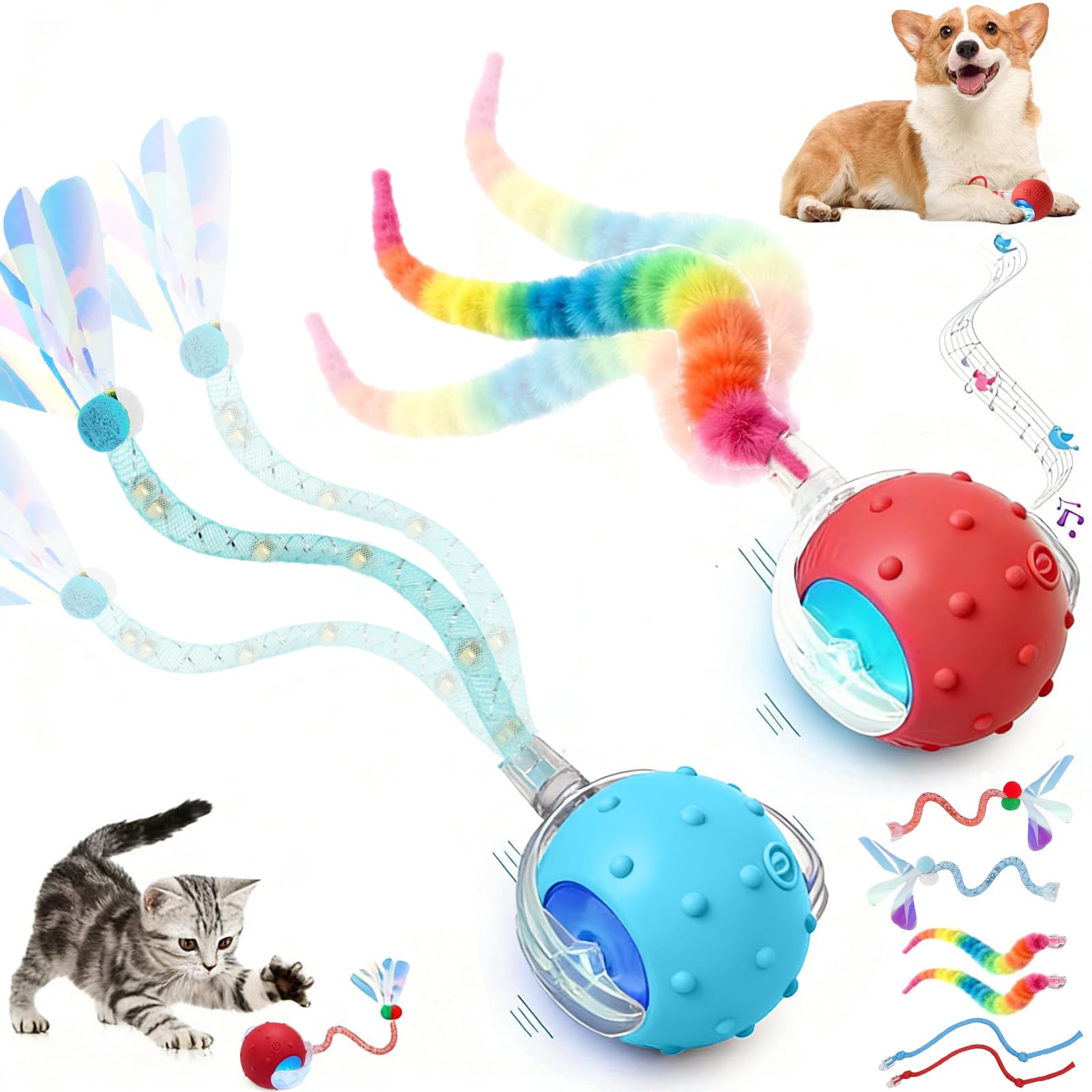2PCS Interactive Cat Toys for Indoor Cats with 6 Tails, Automatic Cat Toy Fast Rolling on Carpet/ Wooden Floor/ Tiles, Rechargea