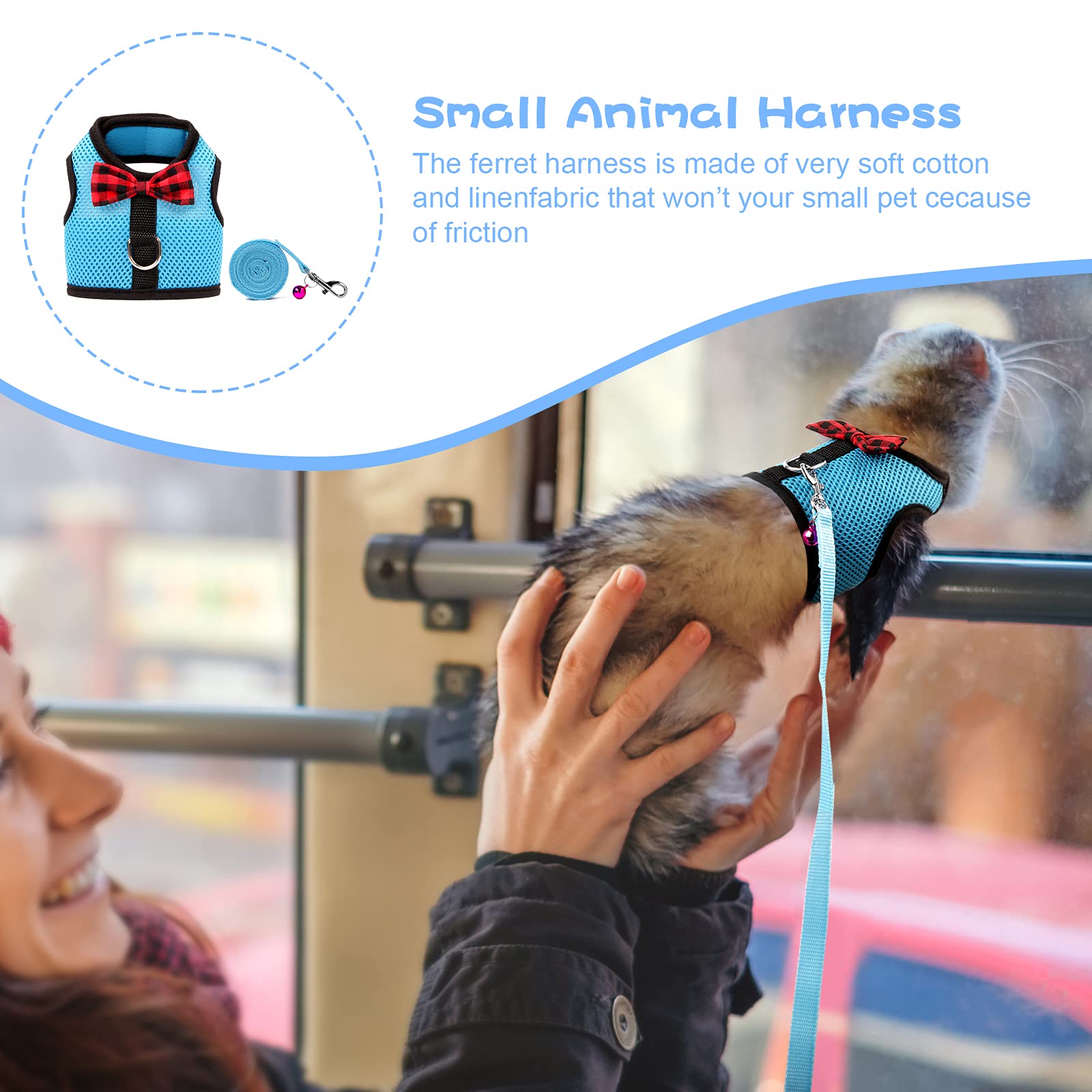Rypet Small Animal Harness And Leash - Soft Mesh Small Pet Harness With Safe Bell, No Pull Comfort Padded Vest For Small Pet Blu