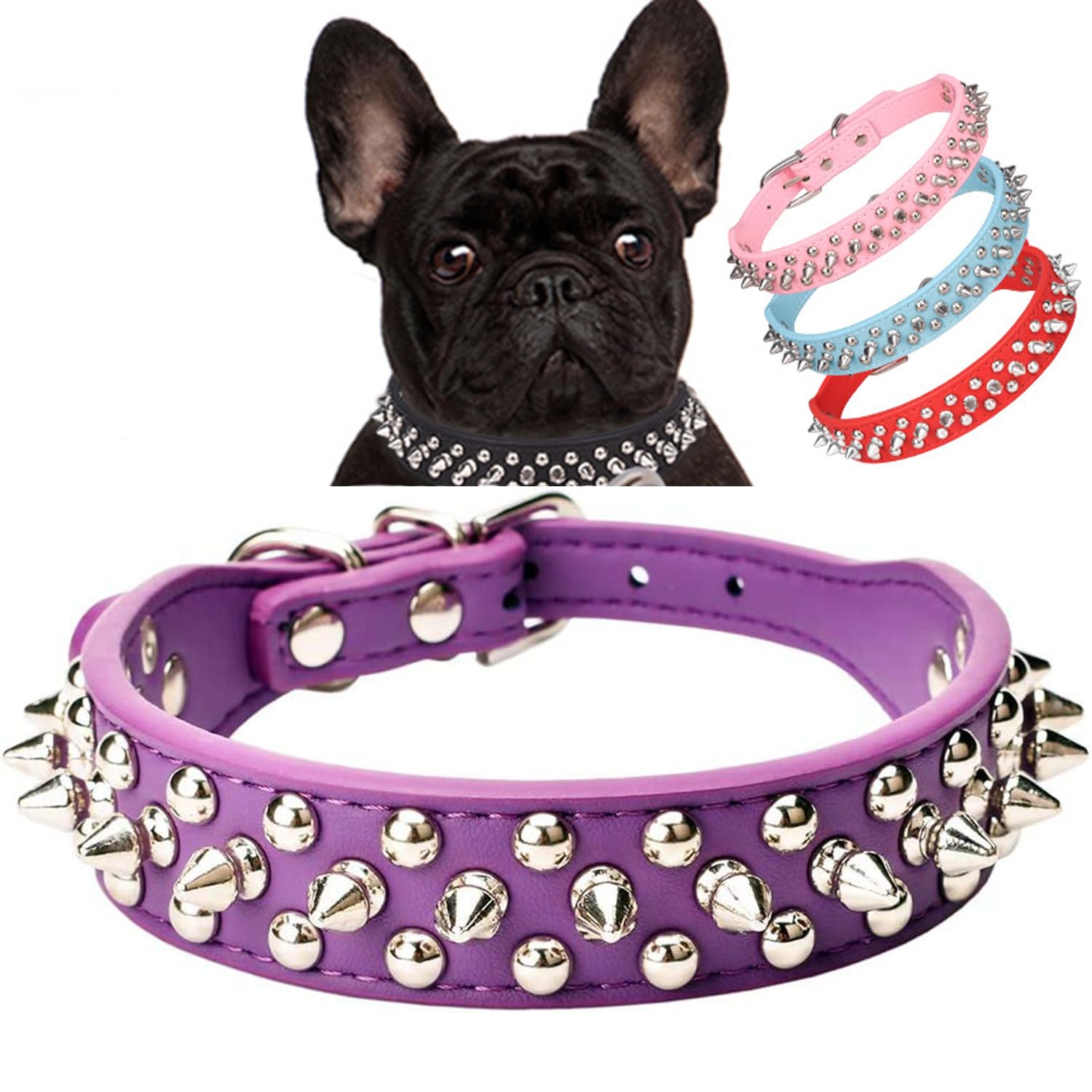 Serijoars Spiked Dog Collar Soft Pu Leather Mushrooms Rivet Spike Studded Dog Collar Adjustable Puppy Collars (M, Purple)