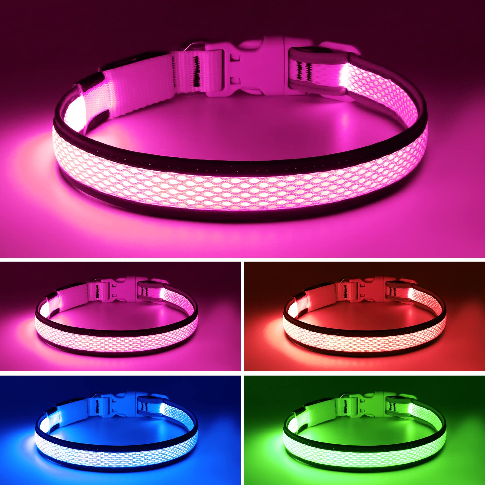 Flashseen Led Dog Collar, Usb Rechargeable Light Up Dog Collar Lights, Adjustable Comfortable Soft Mesh Safety Dog Collar For Small, Medium, Large Dogs(Small, Candy Pink)
