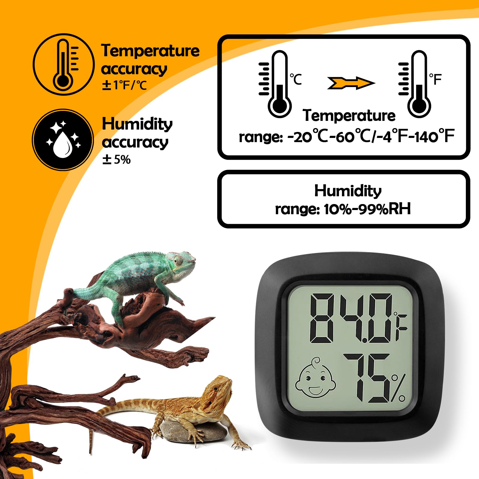 2 Pcs Reptile Thermometer And Humidity Gauge For Bearded Dragon With On-Off, Reptile Tank Accessories For Jumping Spider, Leopar