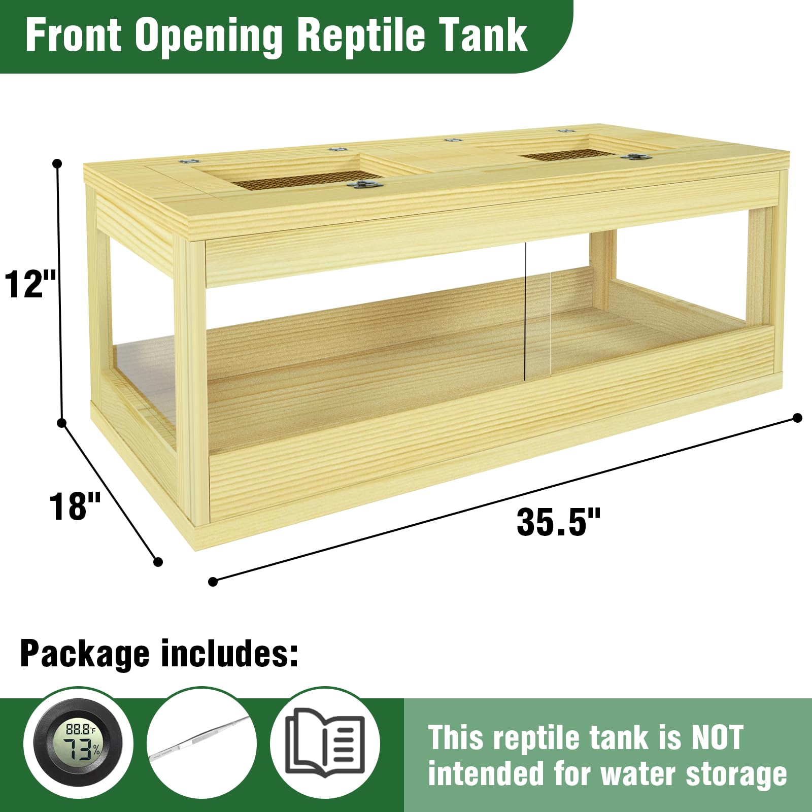 32 Gallon Reptile Tank, Solid Wood Bearded Dragon Tank, Front Opening Snake Enclosure, Lockable Sliding Doors, Small Reptile Ter