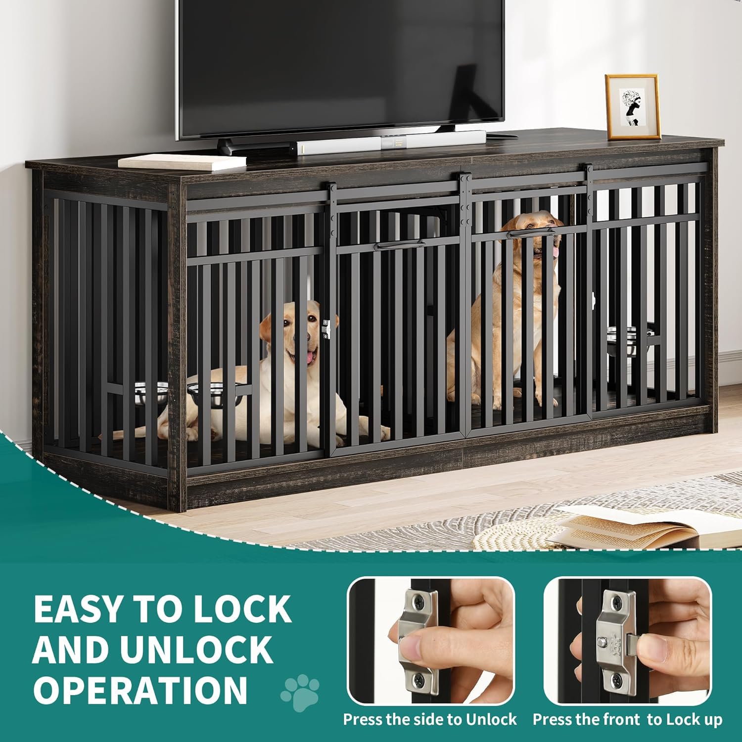 YITAHOME 71 Inch Double Dog Crate Furniture for 2 Dogs, Heavy Duty Wooden Crate TV Stand with 4 Bowls, Dog Kennel Indoor Furnitu