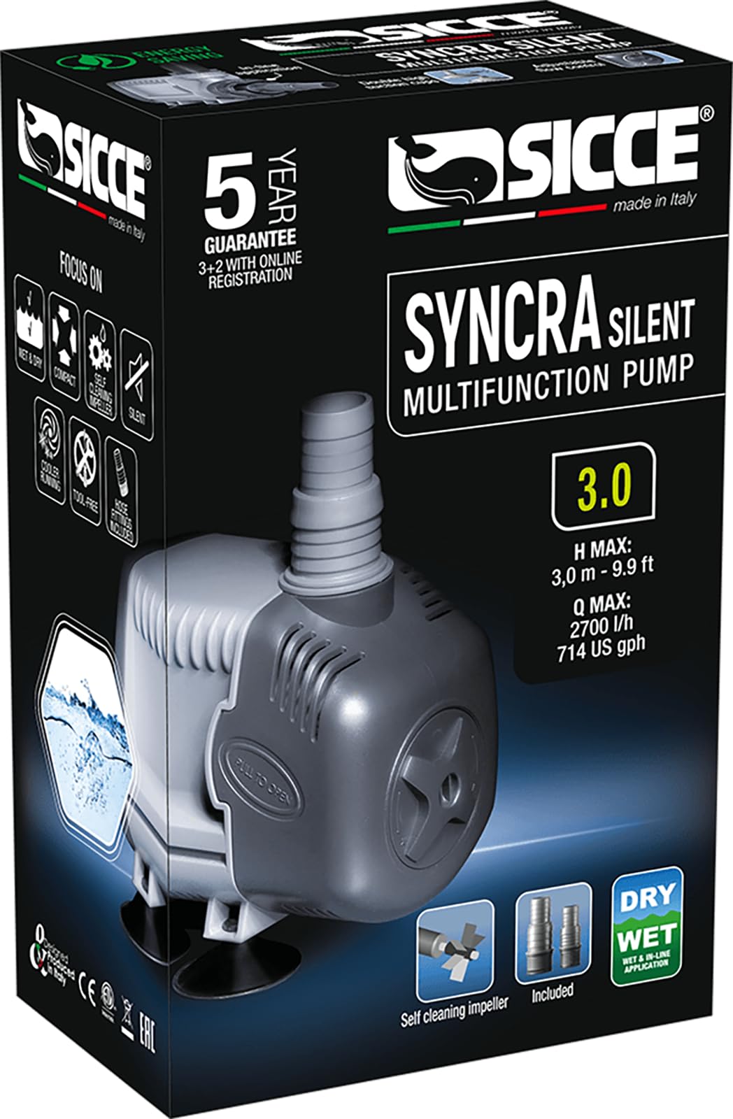 SICCE Syncra Silent 3.0 Multifunction 714 GPH Submersible Water Pump | Italian Made 48W Ultra Quiet Durable Aquarium Fish Tank, 
