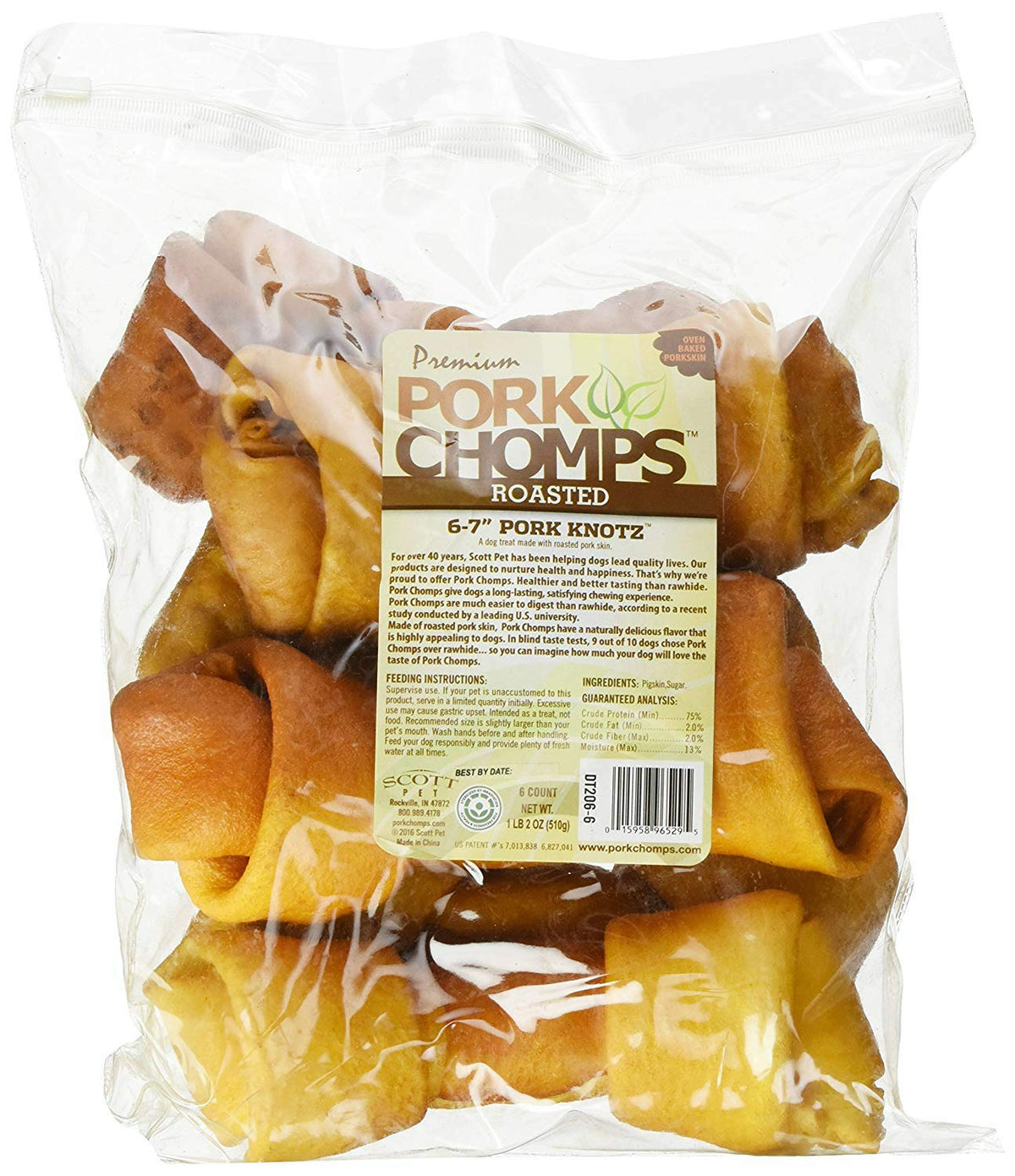 Pork Chomps Roasted Pork Skin Dog Chews, 6-Inch Knots, 6 Count