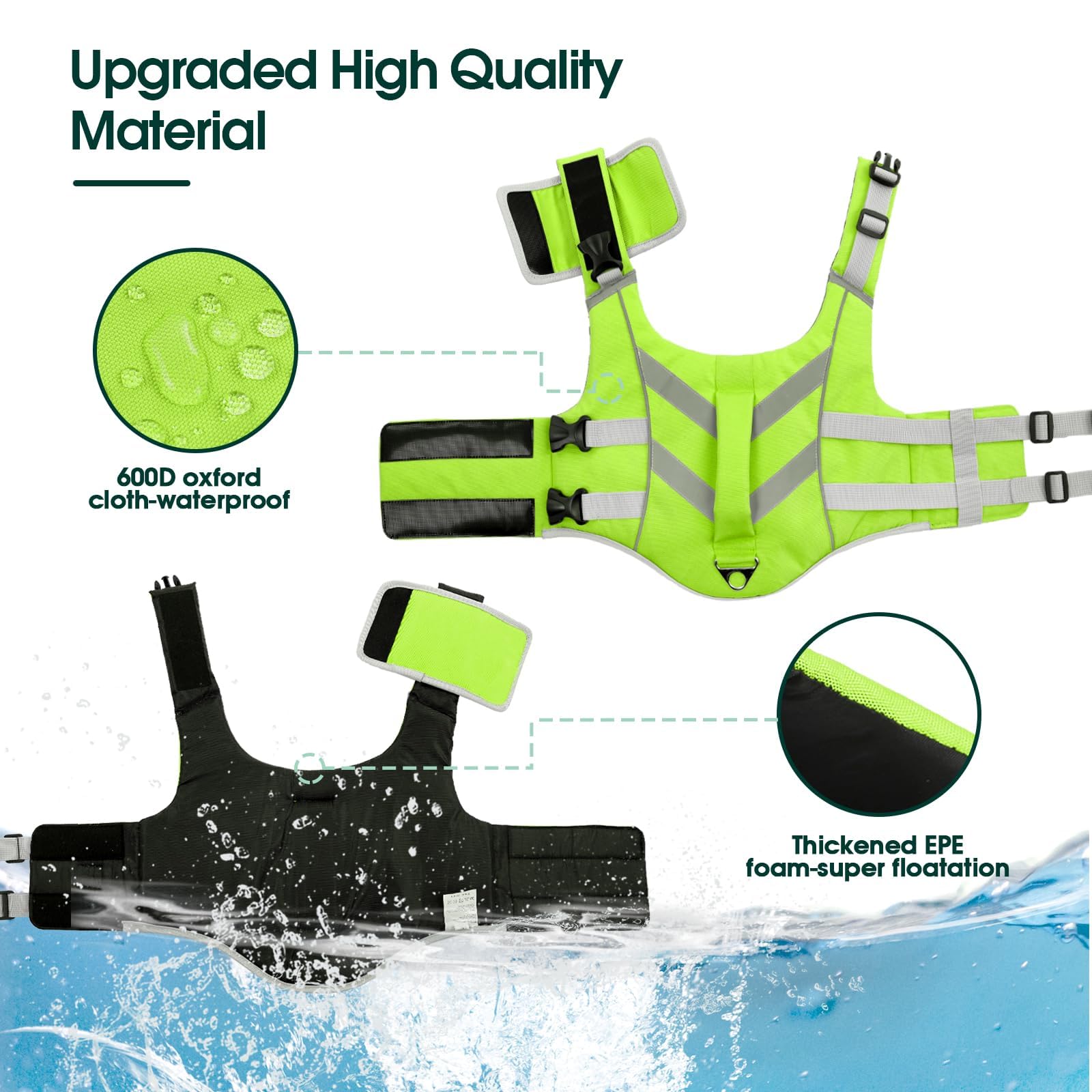 Kuoser Medium Dog Swim Vests - Reflective Life Jackets for Beach & Boating, Green