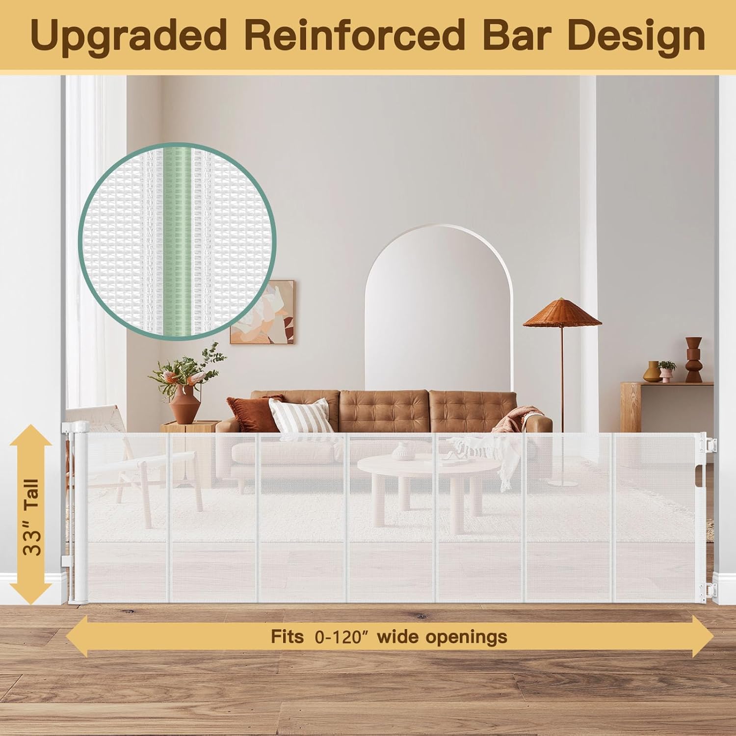 Reinforced 120 Inch Retractable Baby Gates for Doorway, Bottom Anti-Crawl 10 Foot Extra Long Baby Gate, Indoor/Outdoor Retractab