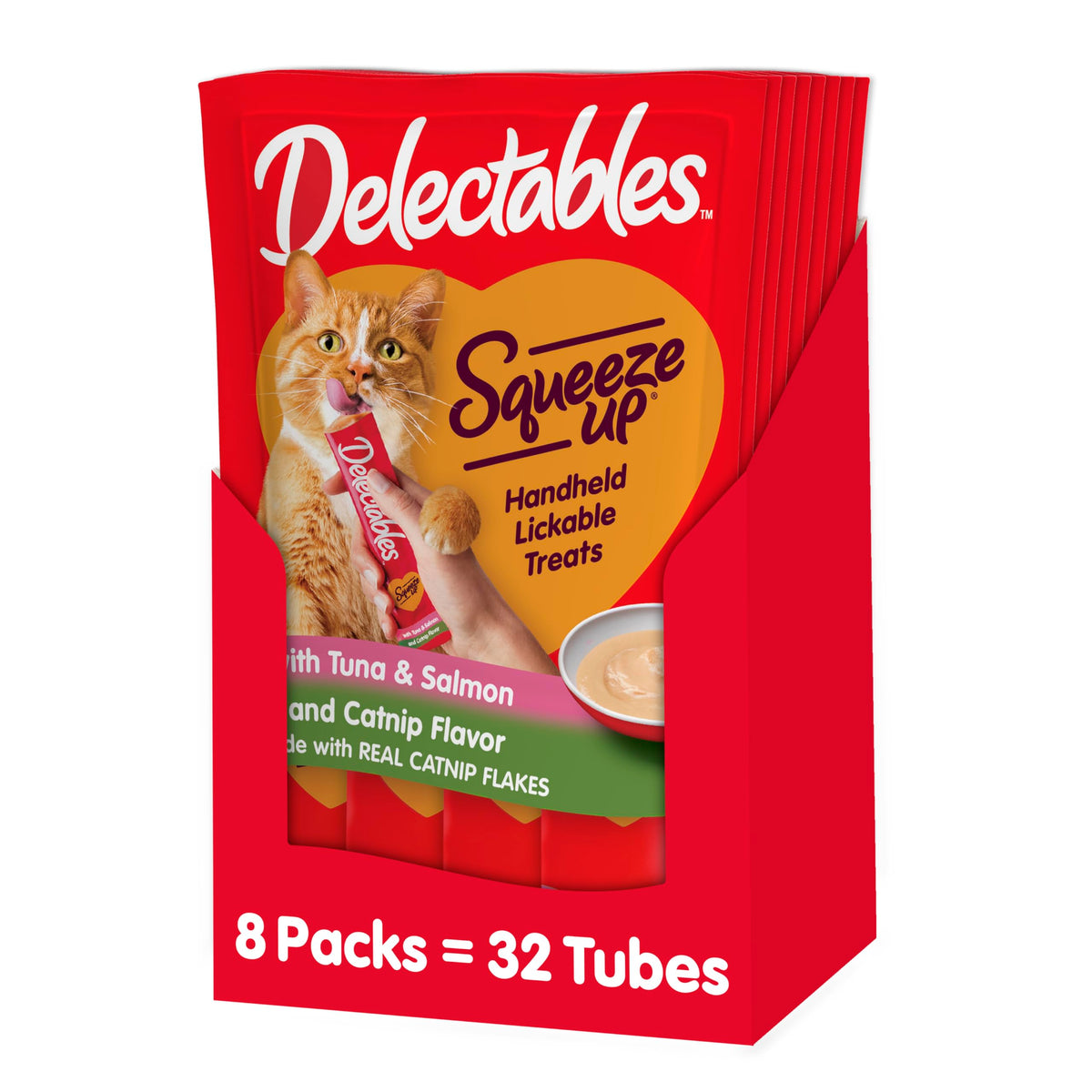 Delectables Squeeze Up Creamy Squeezable Puree, Lickable Wet Cat Treats, Grain Free, No Added Fillers, No By-Products, No Added Preservatives, 0.5 Ounces Tube Tuna & Salmon With Catnip, 32 Tubes Total