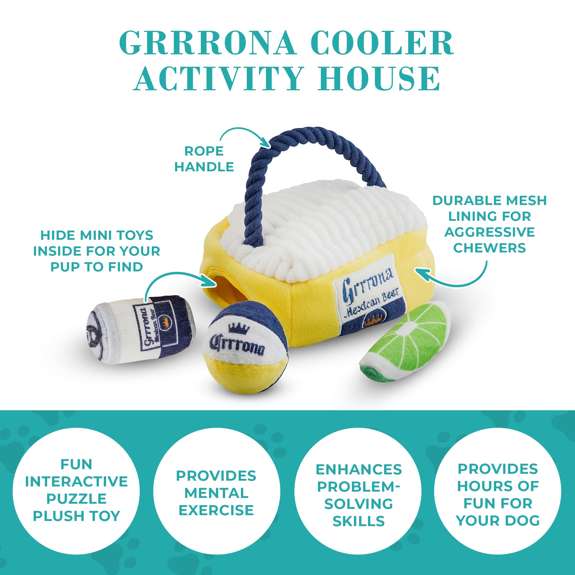 Haute Diggity Dog Grrrona Cooler Activity House, Plush Designer Dog Toys With Interactive Squeaker, Stimulating Pet Enrichment,