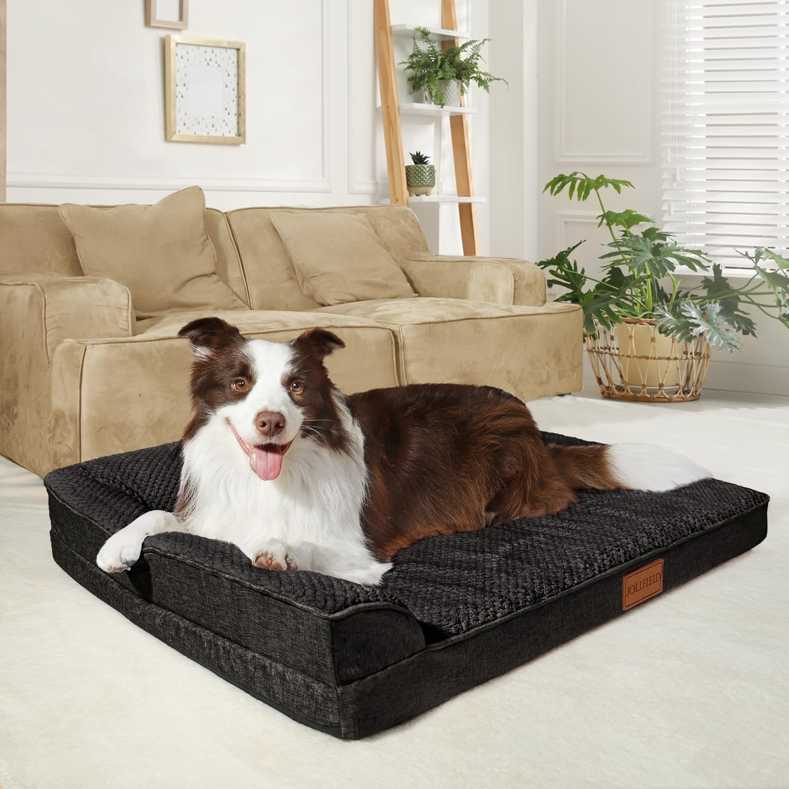 Jolifield Orthopedic Jacquard Dog Bed For Large Dogs, Waterproof L Shaped Large Pet Sofa Bed With Washable Removable Cover, Non-