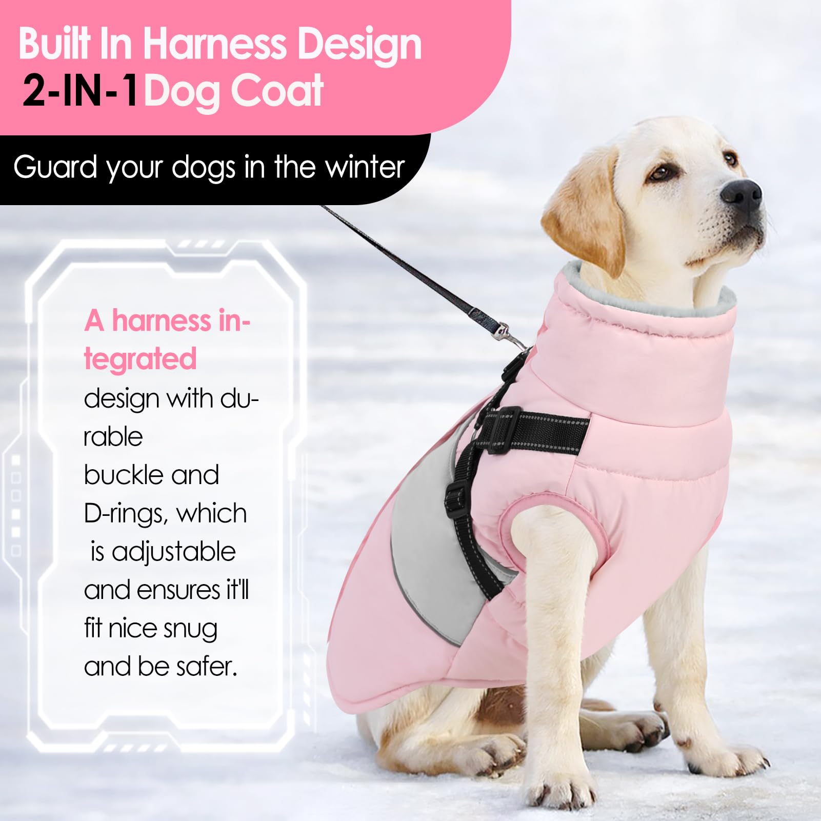 Aofitee Dog Coat - Large Dog Reflective Winter Jacket With Built-In Harness, Warm Fleece Collar For Doberman, Great Dane, Pink X