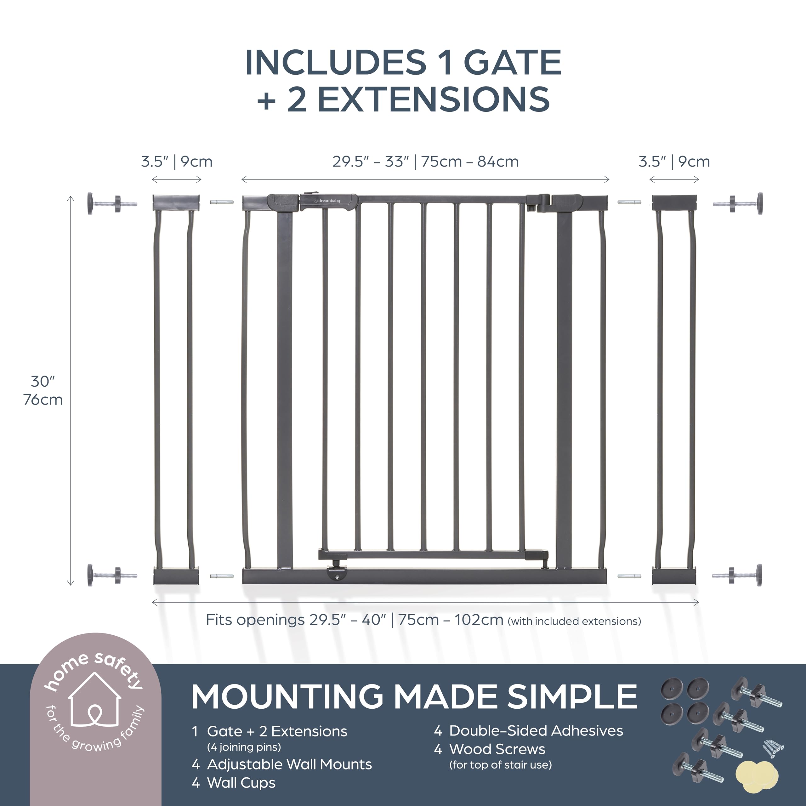 Dreambaby Ava Baby Gate - 29.5-40" Adjustable Metal Gate for Stairs & Doorways, Charcoal, Model L2098BB