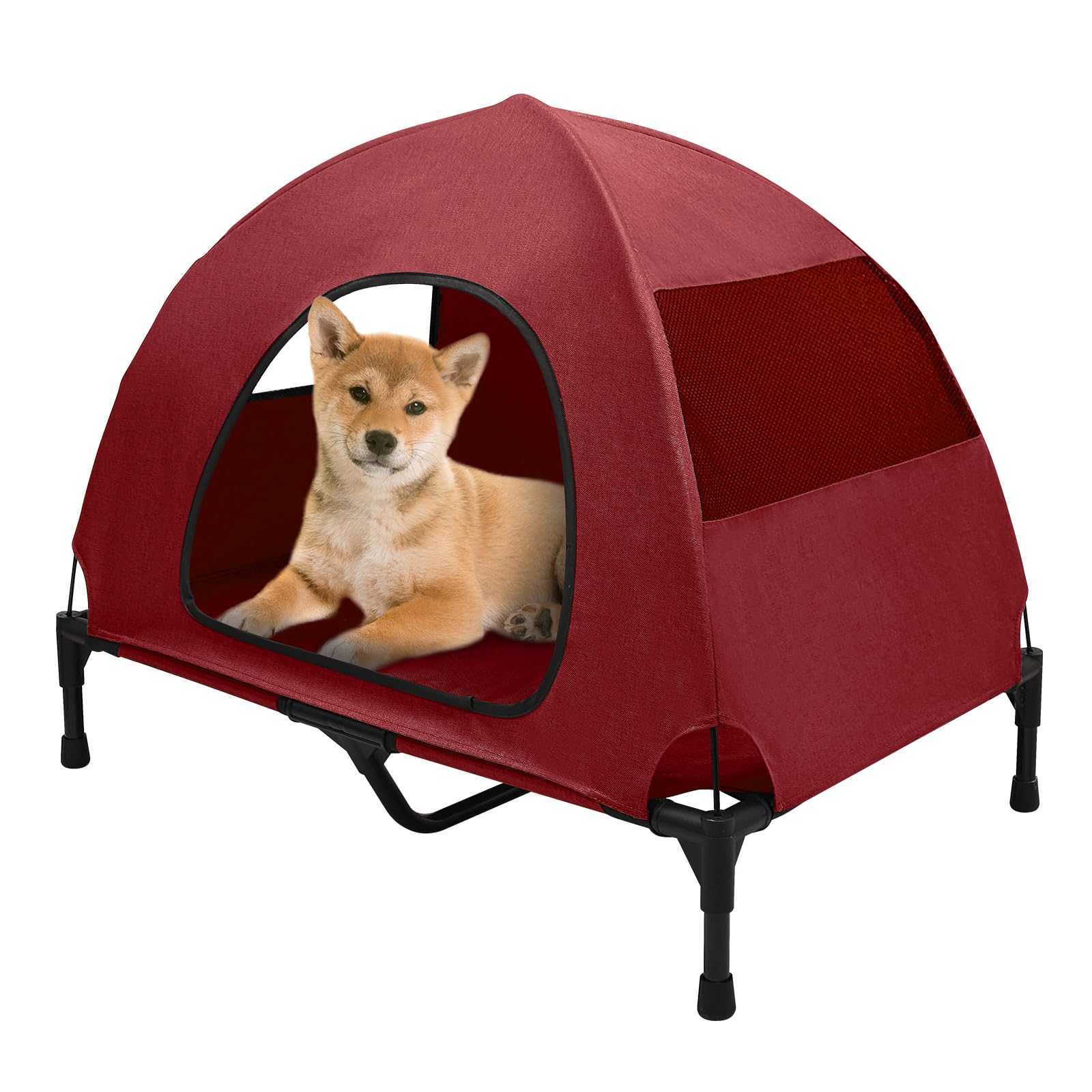 Love&Go Elevated Dog Bed With Metal Frame, Cooling Raised Pet Cot For Dog And Cat (M - Red Bed+Canopy, Medium-29.9X19.5X5.5 Inch