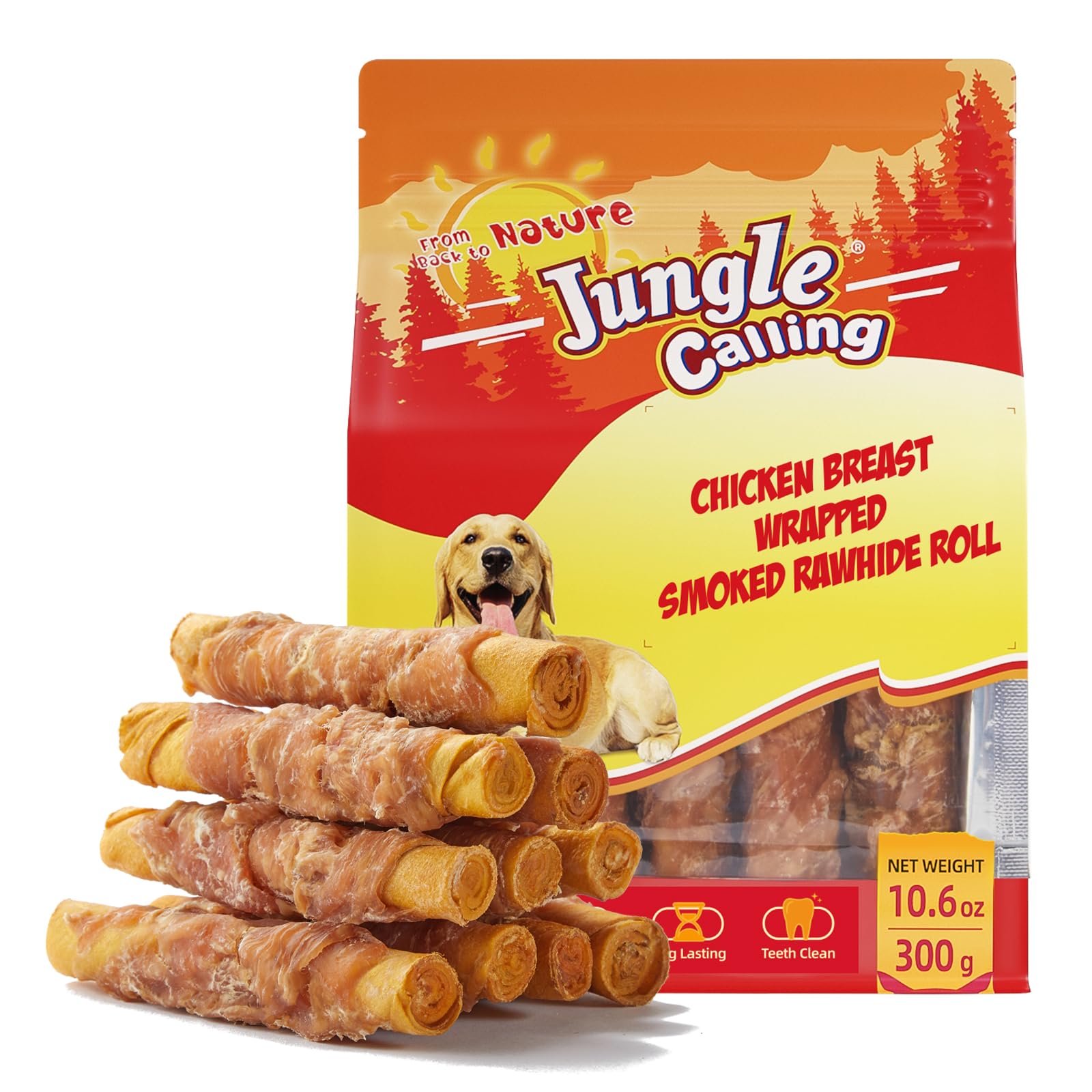 Jungle Calling Dog Treats Smoked Chicken Wrapped Rawhide Rolls, High Protein Dog Chews, Rawhide Chews for Medium and Large Dogs,
