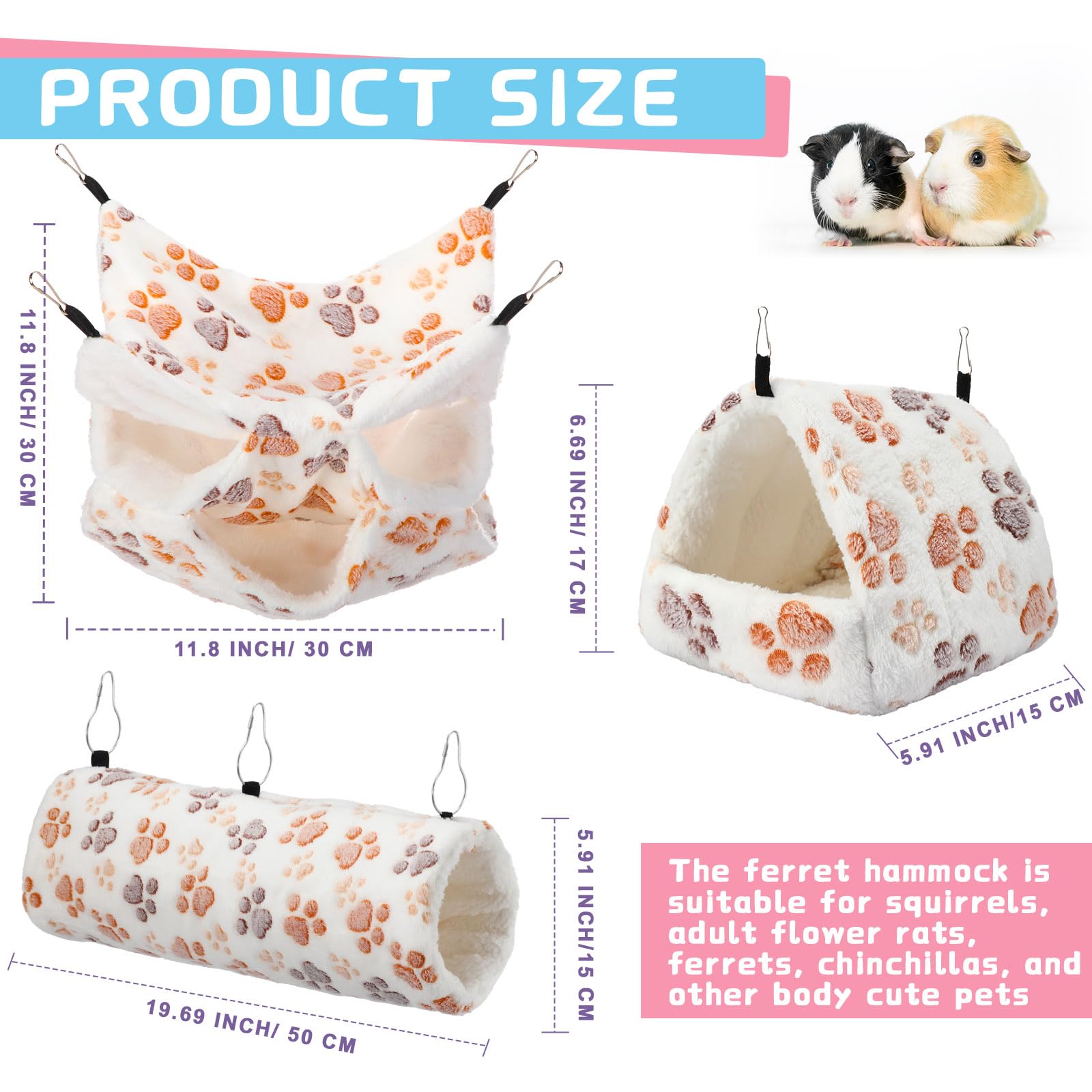 Abbylike 9 Pieces Rat Hammock Guinea Pig Ferret Hammocks Small Pet Hanging Tunnel Glider Toy Guinea Pig Ferret Hideout Bed Cage