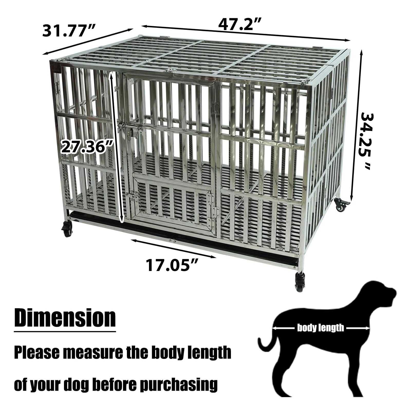 Confote 47 Inch Heavy Duty Stainless Steel Dog Cage Indestructible High Anxiety Indestructible And Escape-Proof Dog Crate Kennel