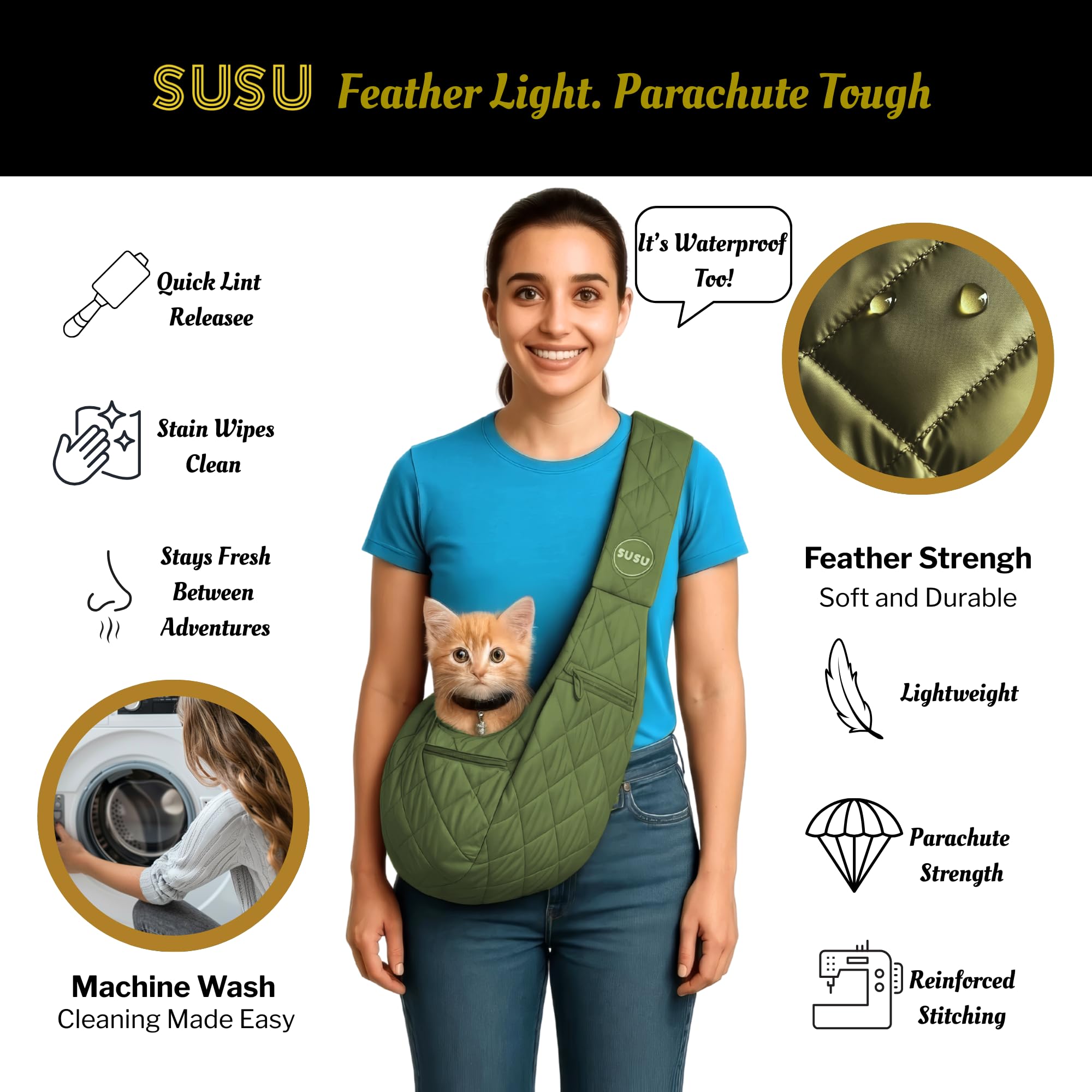 Susu Pet Co. Cat & Dog Carrier Sling - Hands-Free Puppy Sling, Cat Pouch For Small Pets Up To 10 Lbs; Parachute-Grade Nylon, 4 P